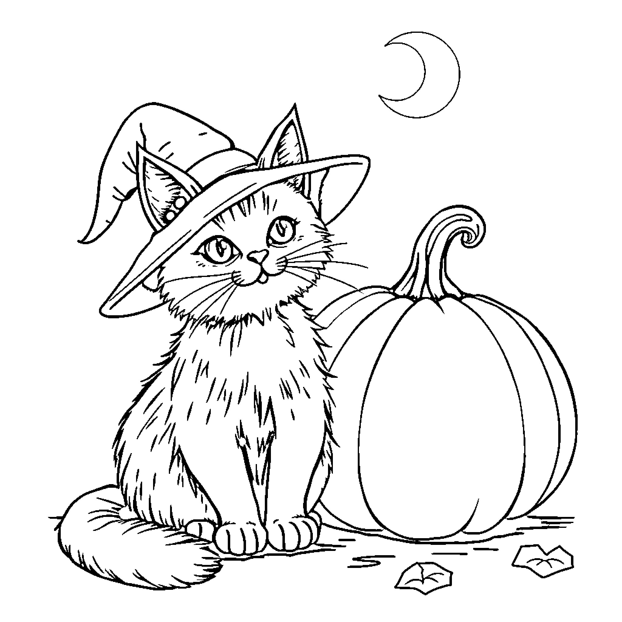 Cat with witch hat and pumpkin Coloring Page (free black-and-white line drawing printable PDF for all, from beginners to advanced learners, including children, teens, adults, and seniors)