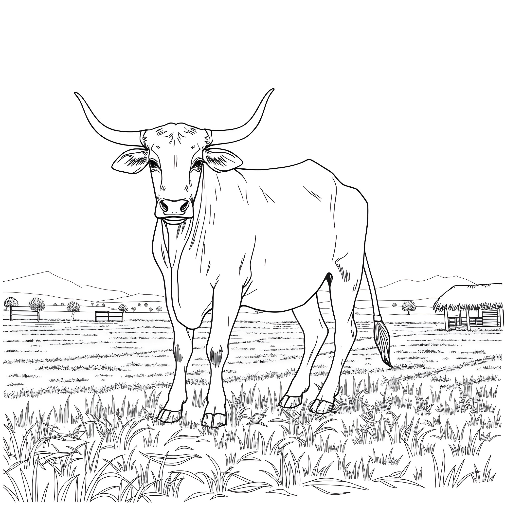 Ox standing proudly in the pastoral landscape Coloring Page (free black-and-white line drawing printable PDF for all, from beginners to advanced learners, including children, teens, adults, and seniors)