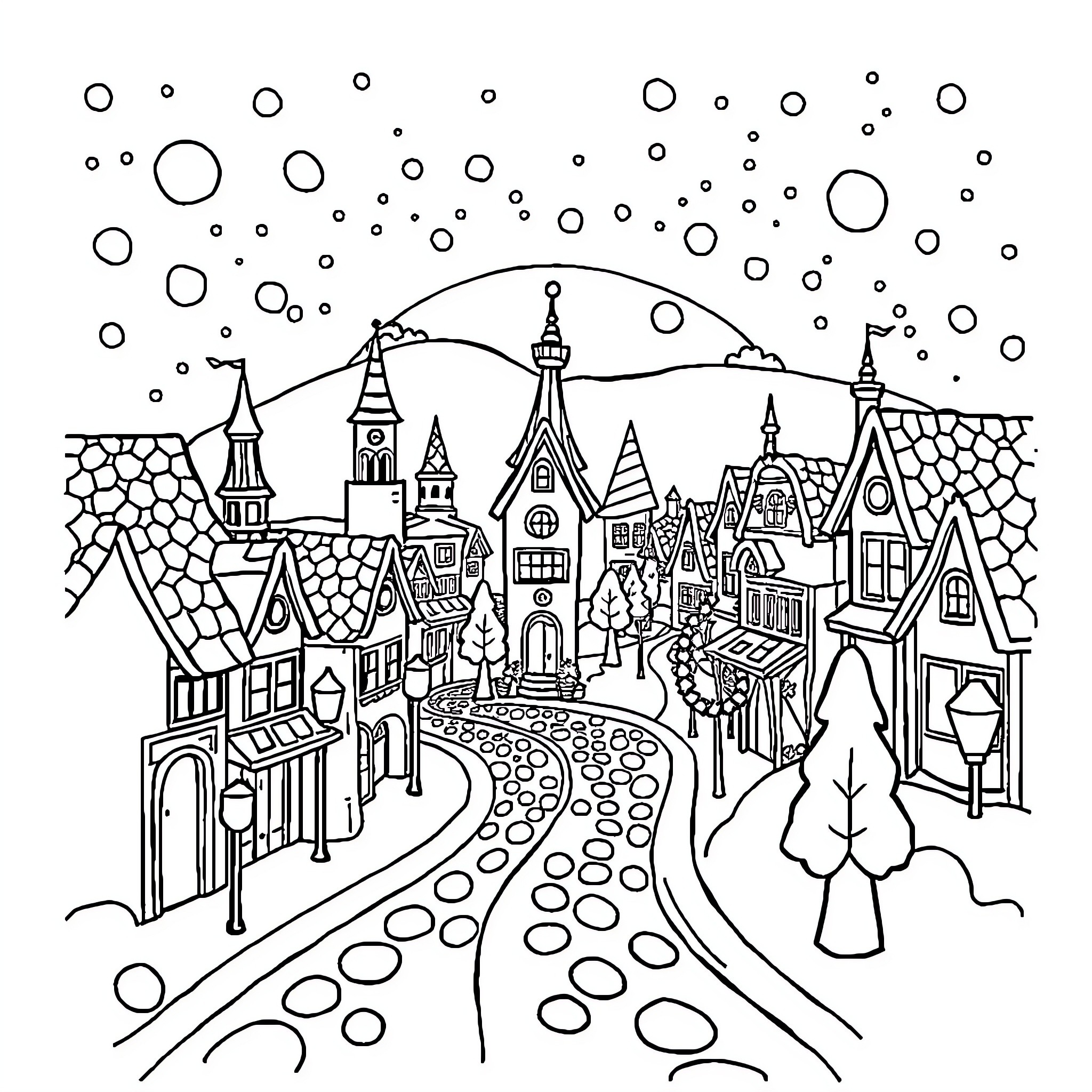 Candy Town with Whimsical Architectural Wonders Coloring Page (free black-and-white line drawing printable PDF for all, from beginners to advanced learners, including children, teens, adults, and seniors)
