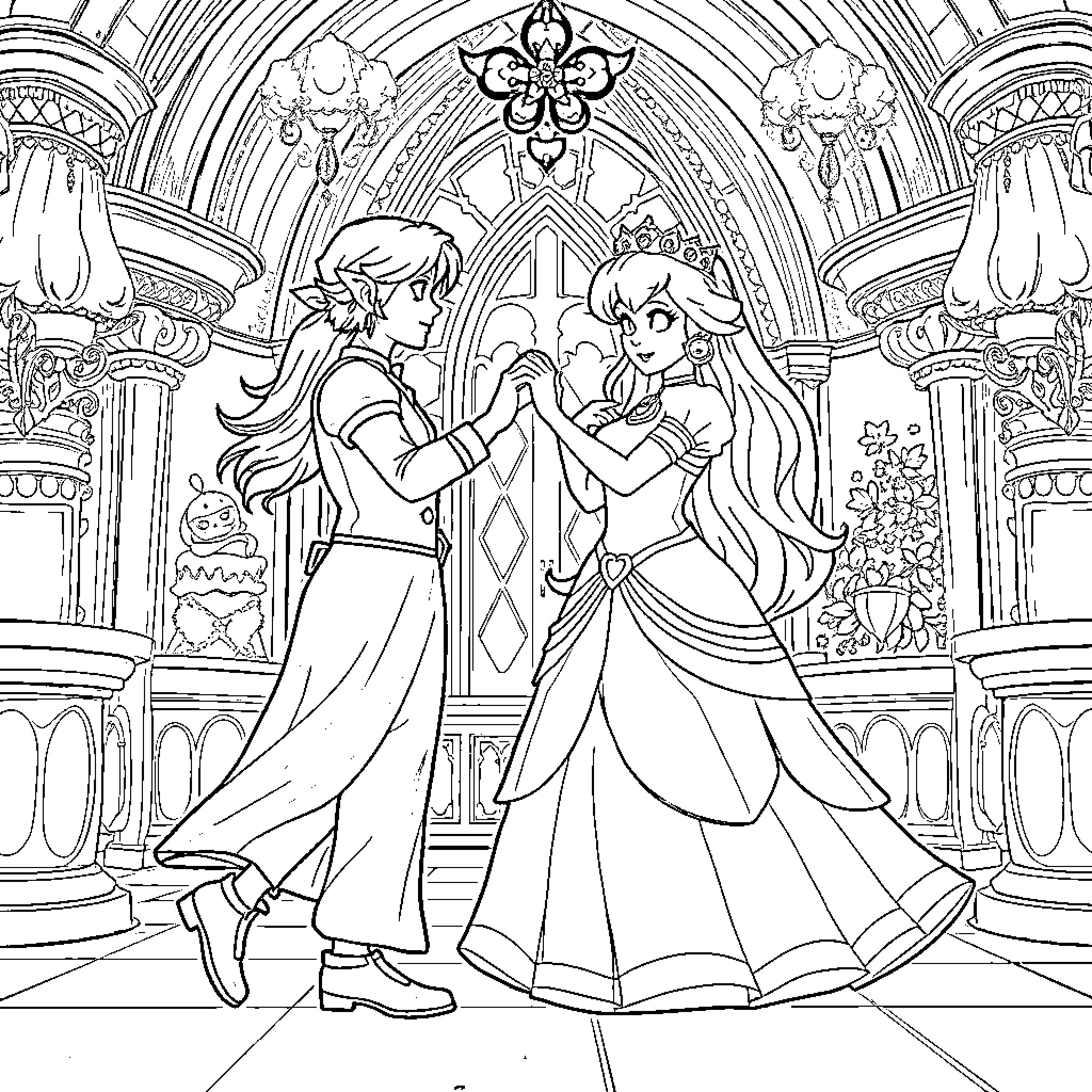 Princess Couple Dancing in Ornate Castle Coloring Page (free black-and-white line drawing printable PDF for all, from beginners to advanced learners, including children, teens, adults, and seniors)