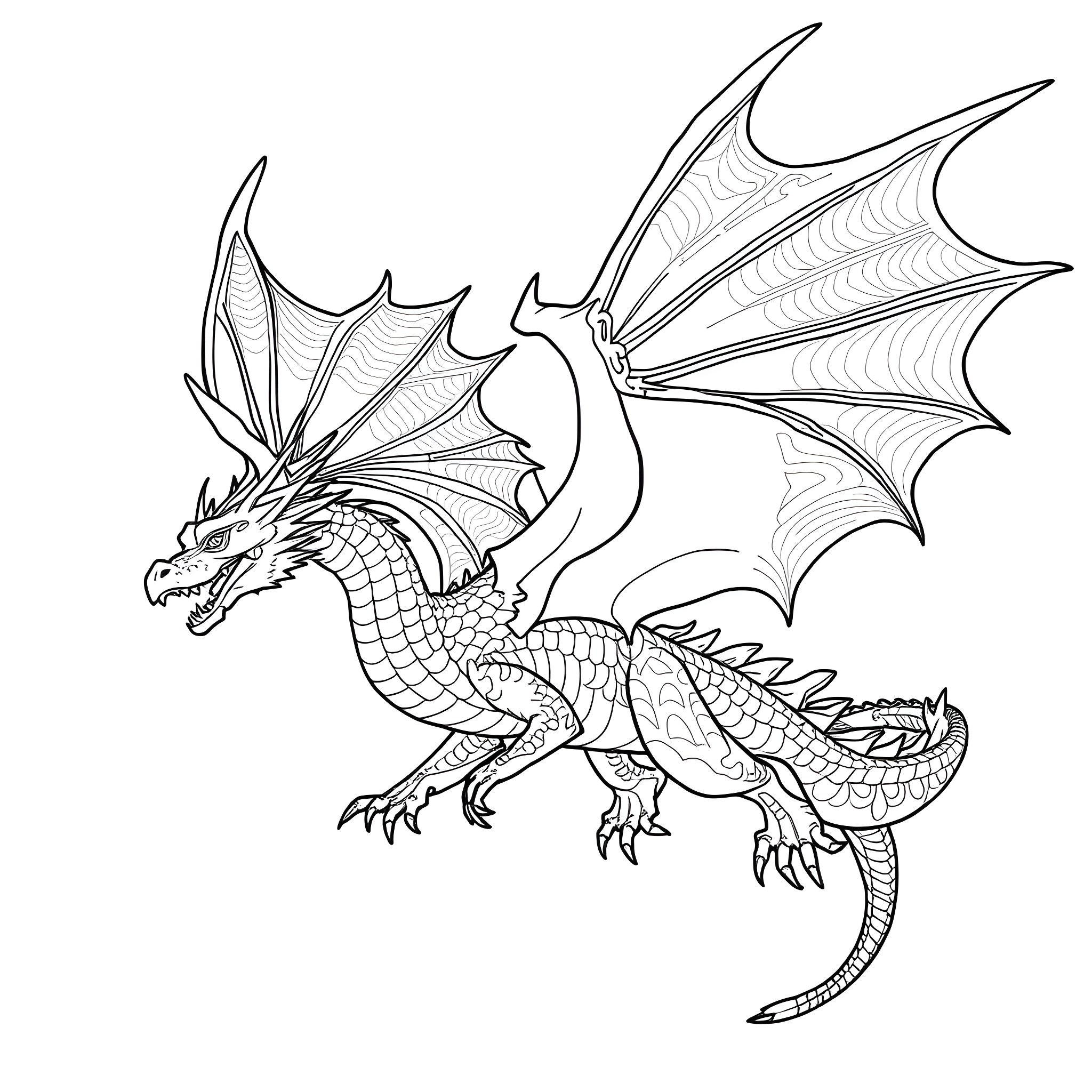 Dragon taking flight with outstretched wings Coloring Page (free black-and-white line drawing printable PDF for all, from beginners to advanced learners, including children, teens, adults, and seniors)