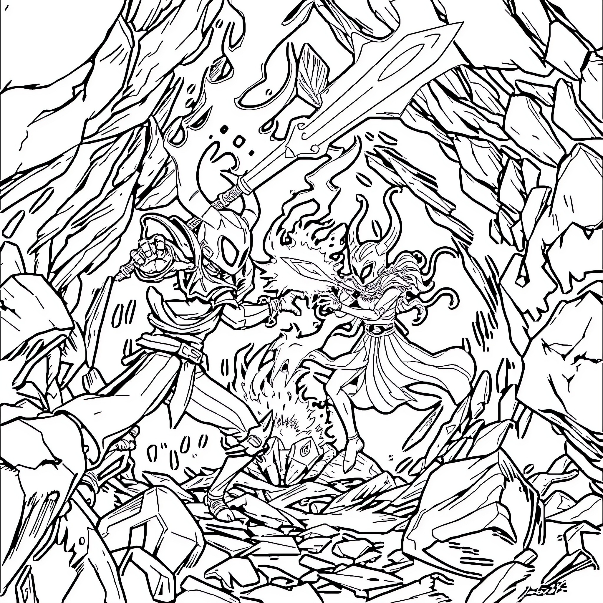 Hollow Knight engaging in intense combat with formidable foe Coloring Page (free black-and-white line drawing printable PDF for all, from beginners to advanced learners, including children, teens, adults, and seniors)