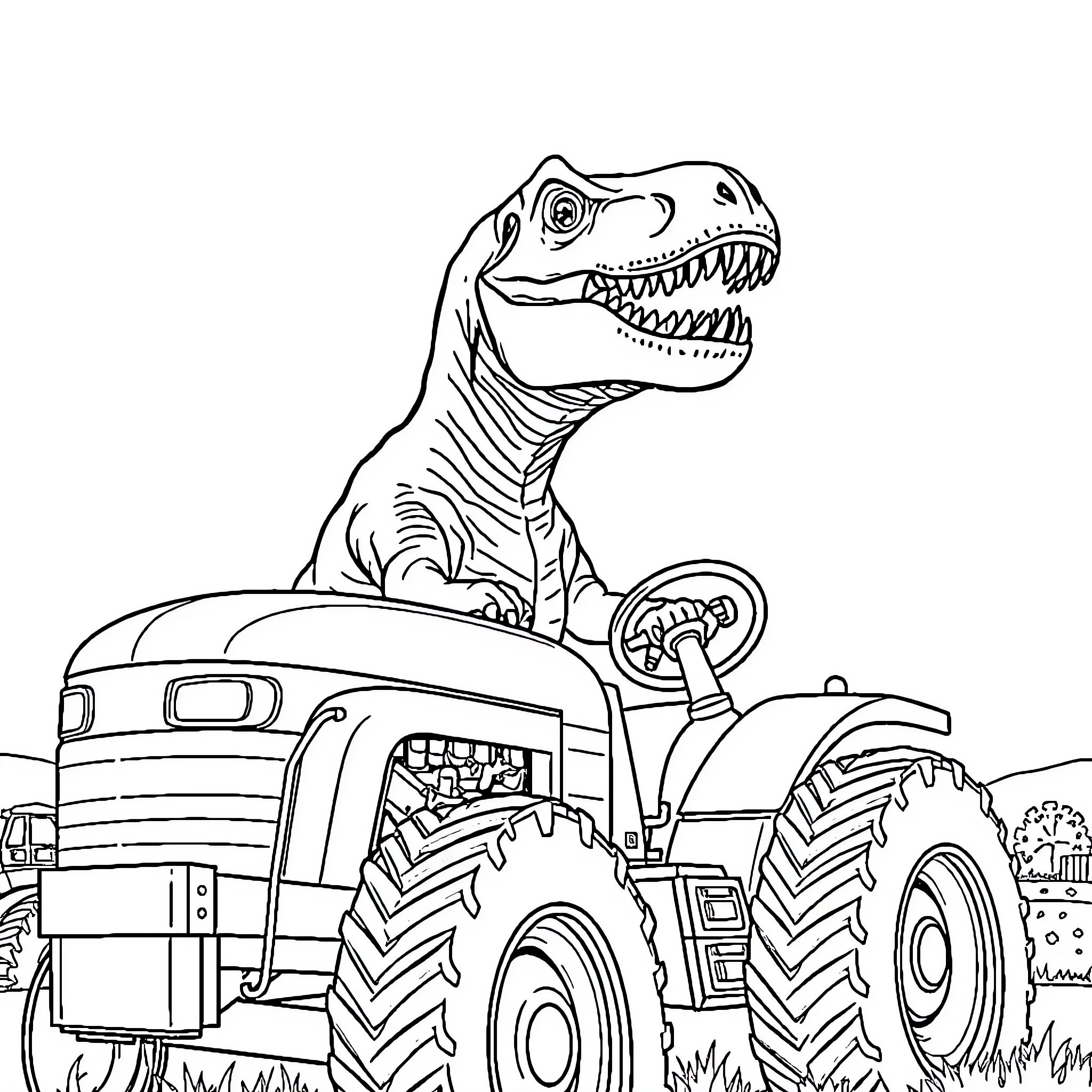 T-Rex Riding a Tractor in the Countryside Coloring Page (free black-and-white line drawing printable PDF for all, from beginners to advanced learners, including children, teens, adults, and seniors)