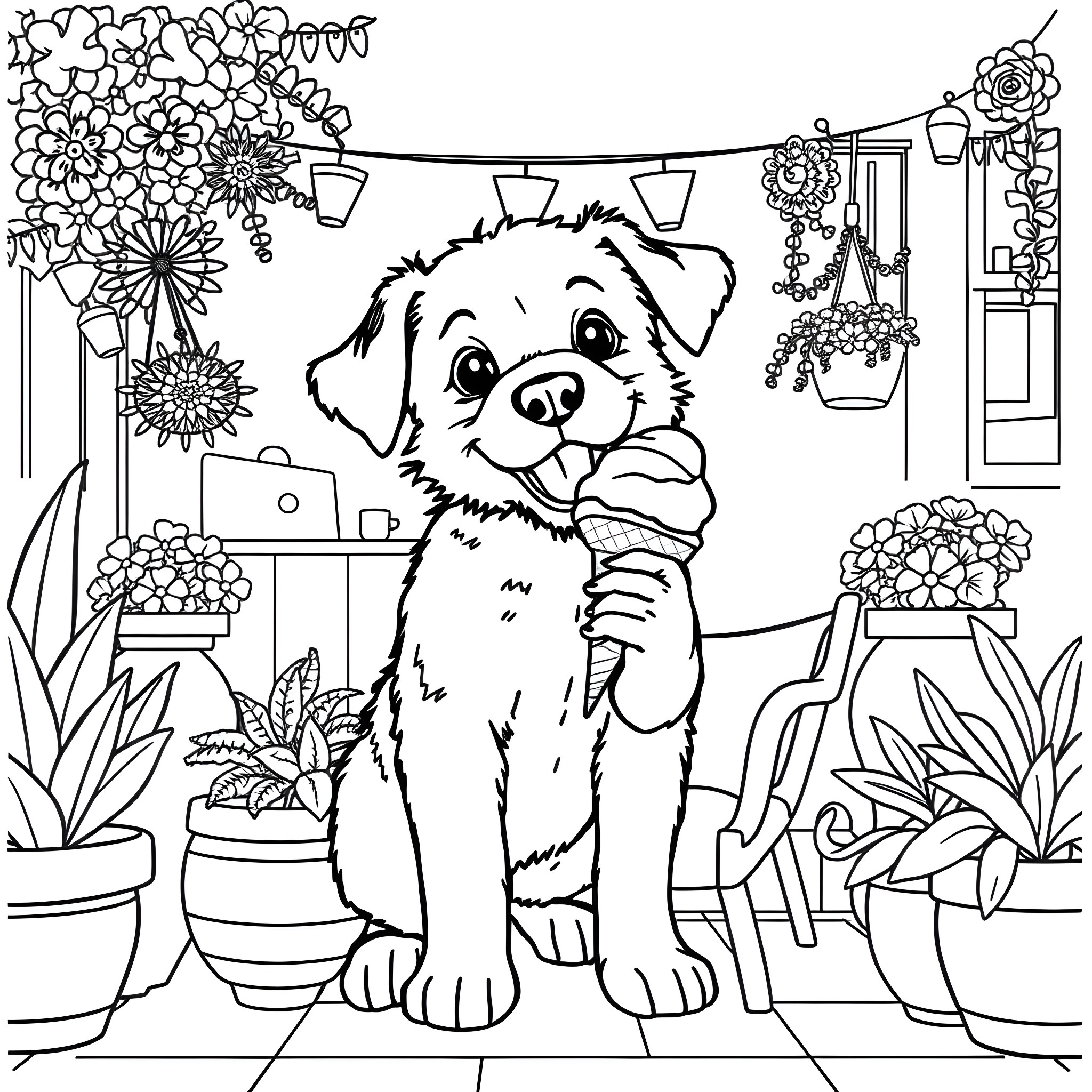 Puppy enjoying a floral garden scene Coloring Page (free black-and-white line drawing printable PDF for all, from beginners to advanced learners, including children, teens, adults, and seniors)