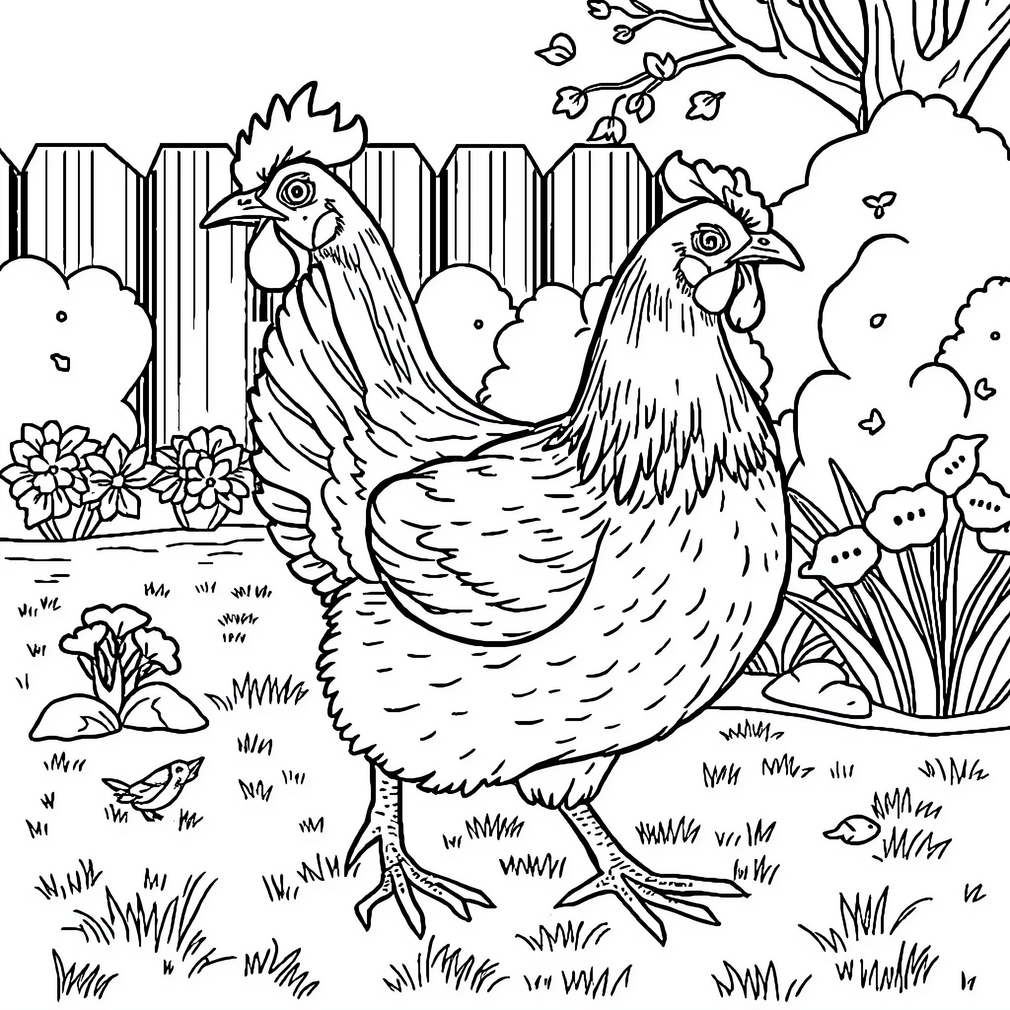 Hens in a Lively Farmyard Scene Coloring Page (free black-and-white line drawing printable PDF for all, from beginners to advanced learners, including children, teens, adults, and seniors)