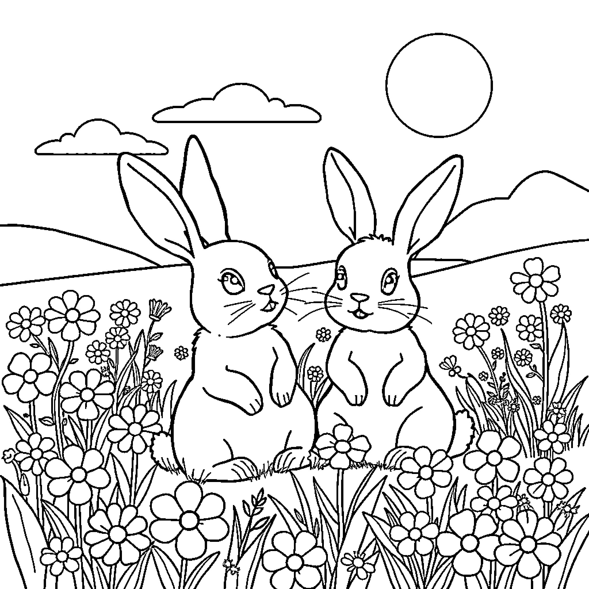 Bunny friends in a floral meadow Coloring Page (free black-and-white line drawing printable PDF for all, from beginners to advanced learners, including children, teens, adults, and seniors)