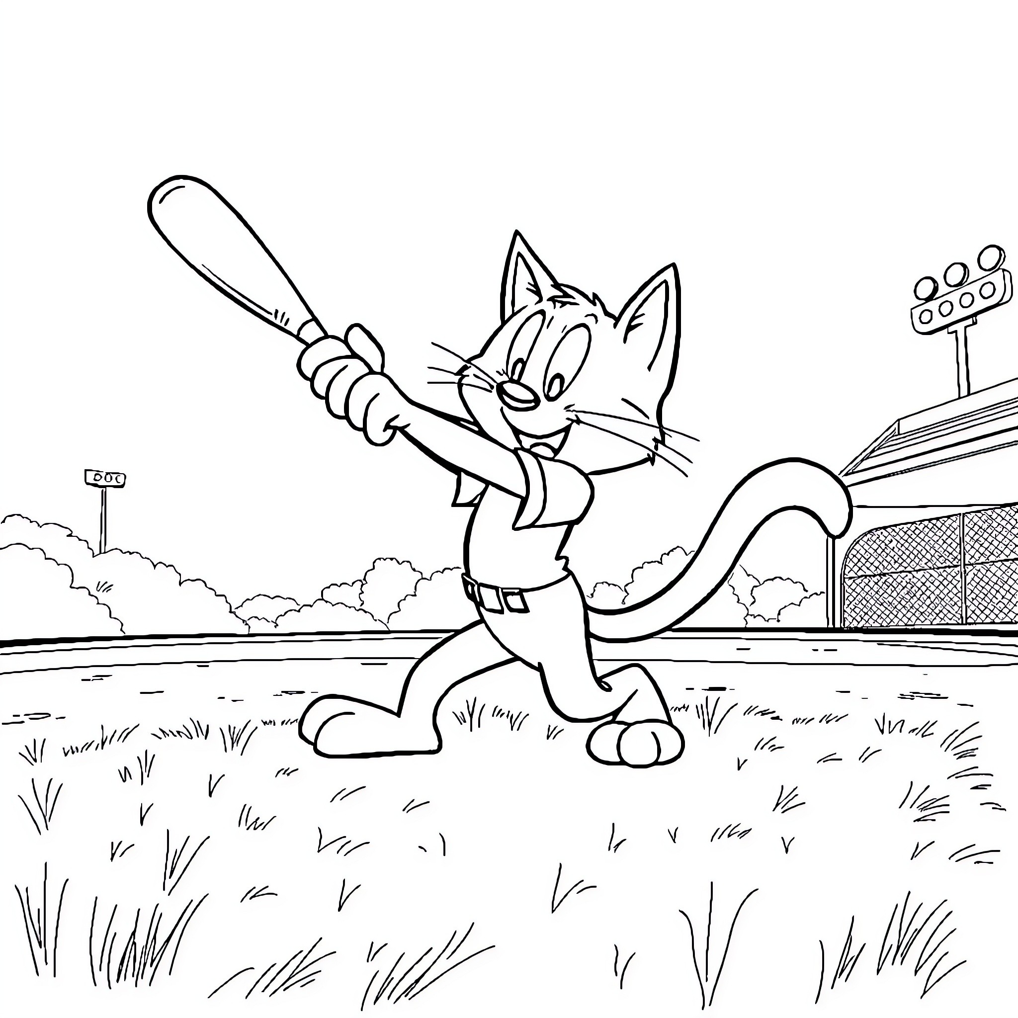 Felix Playing Happily on the Baseball Field Coloring Page (free black-and-white line drawing printable PDF for all, from beginners to advanced learners, including children, teens, adults, and seniors)