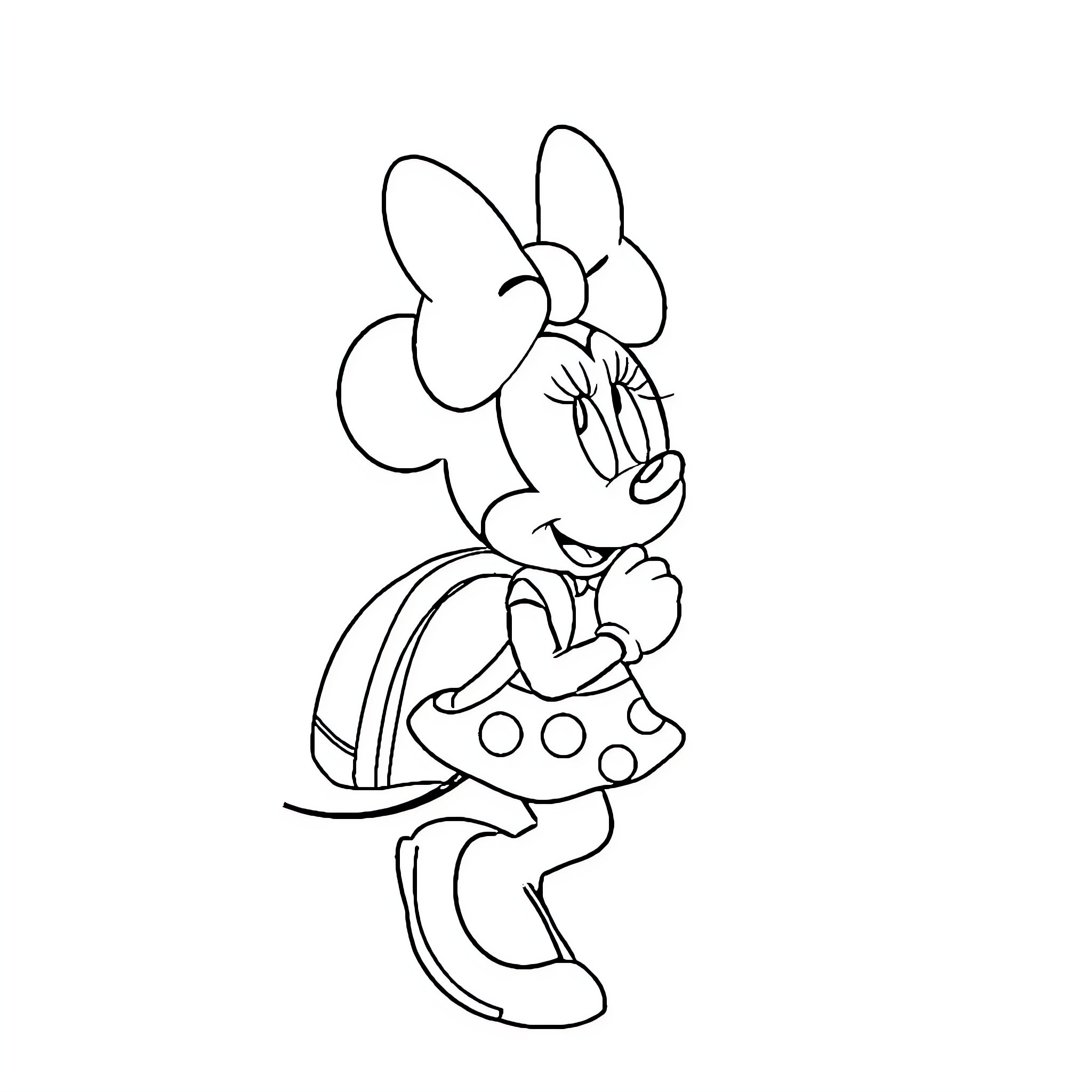 Minnie enjoying herself in a whimsical scene Coloring Page (free black-and-white line drawing printable PDF for all, from beginners to advanced learners, including children, teens, adults, and seniors)