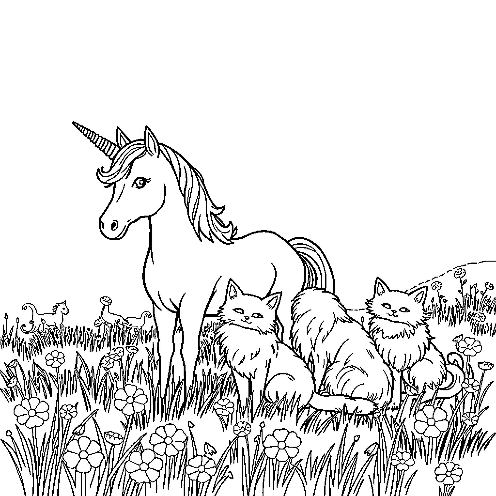 Unicorn and magical forest creatures Coloring Page (free black-and-white line drawing printable PDF for all, from beginners to advanced learners, including children, teens, adults, and seniors)