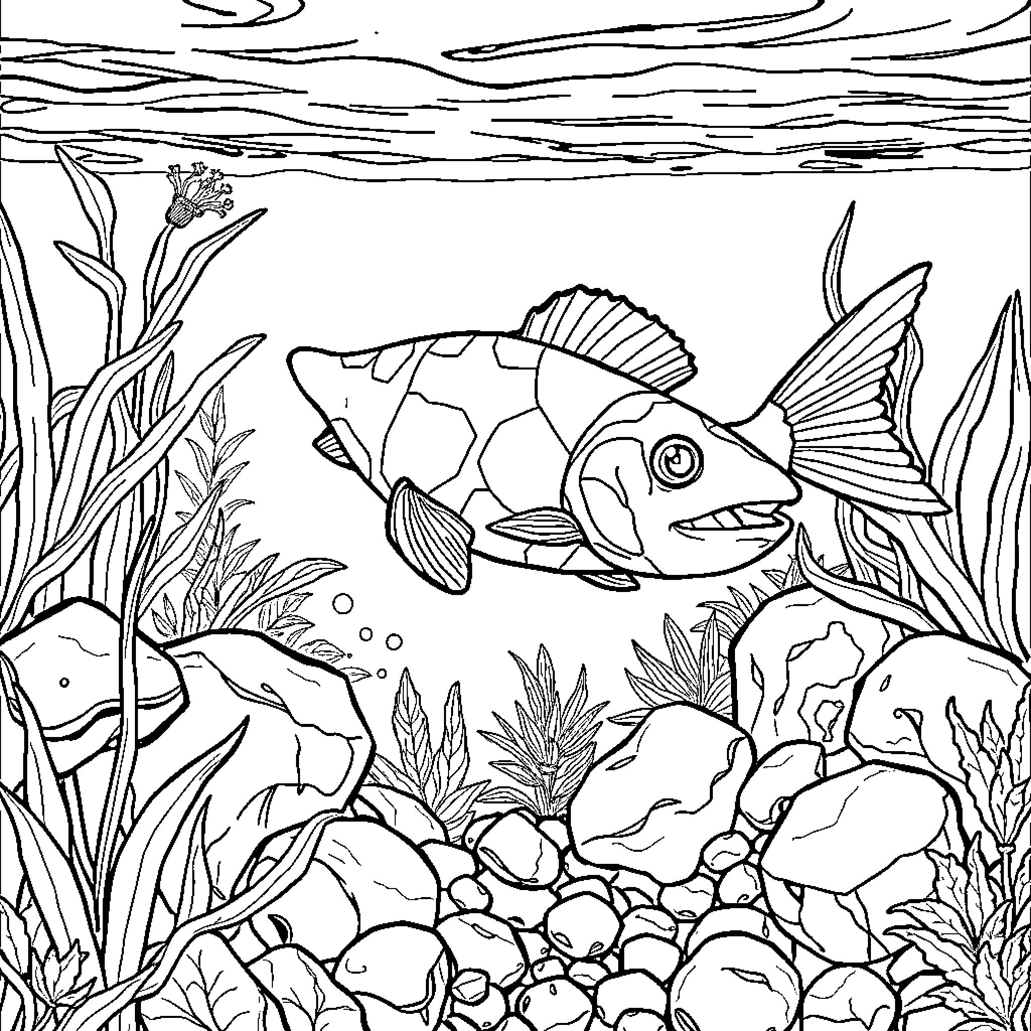 Ajolote swimming among underwater plants and rocks Coloring Page (free black-and-white line drawing printable PDF for all, from beginners to advanced learners, including children, teens, adults, and seniors)
