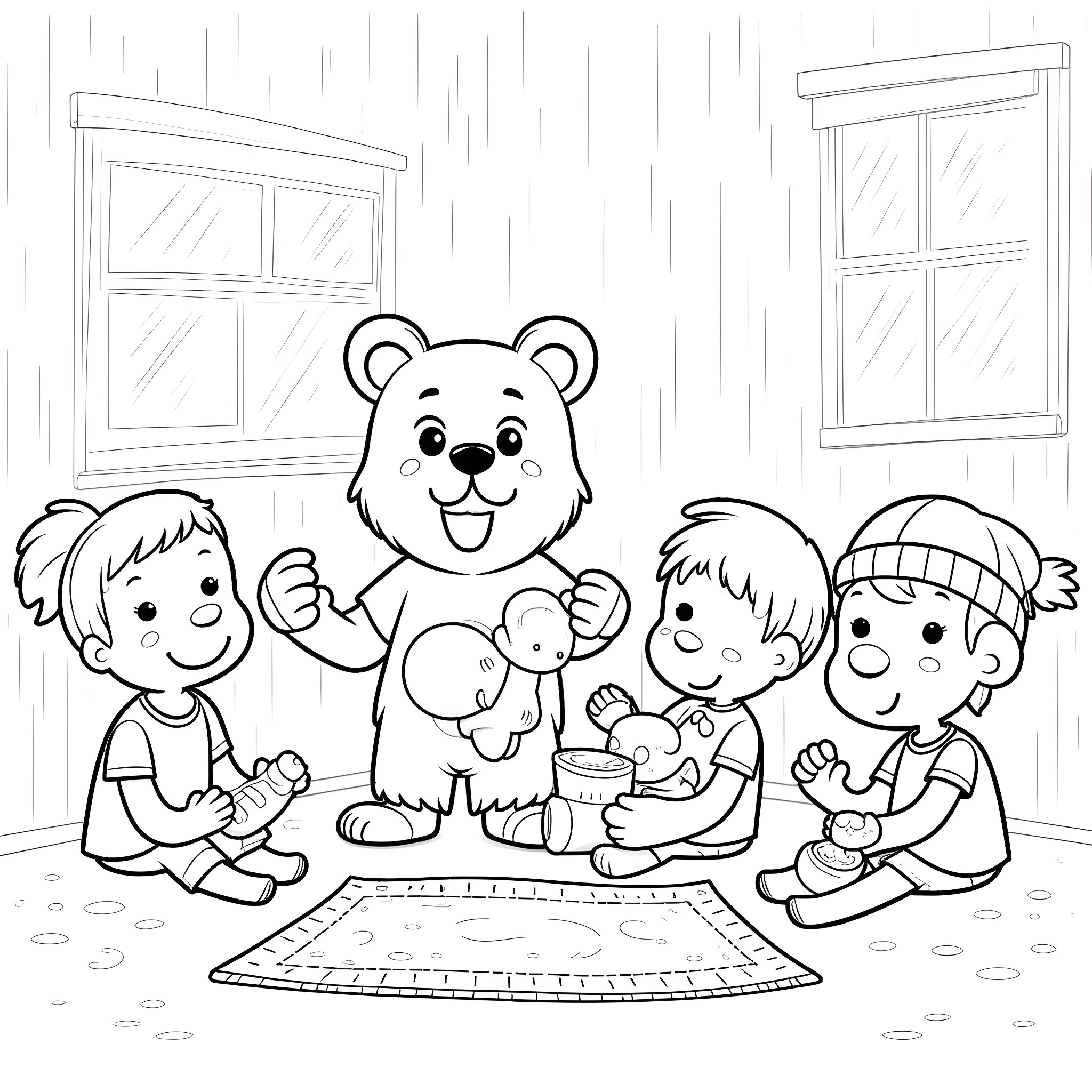 Bear having fun with children inside home Coloring Page (free black-and-white line drawing printable PDF for all, from beginners to advanced learners, including children, teens, adults, and seniors)