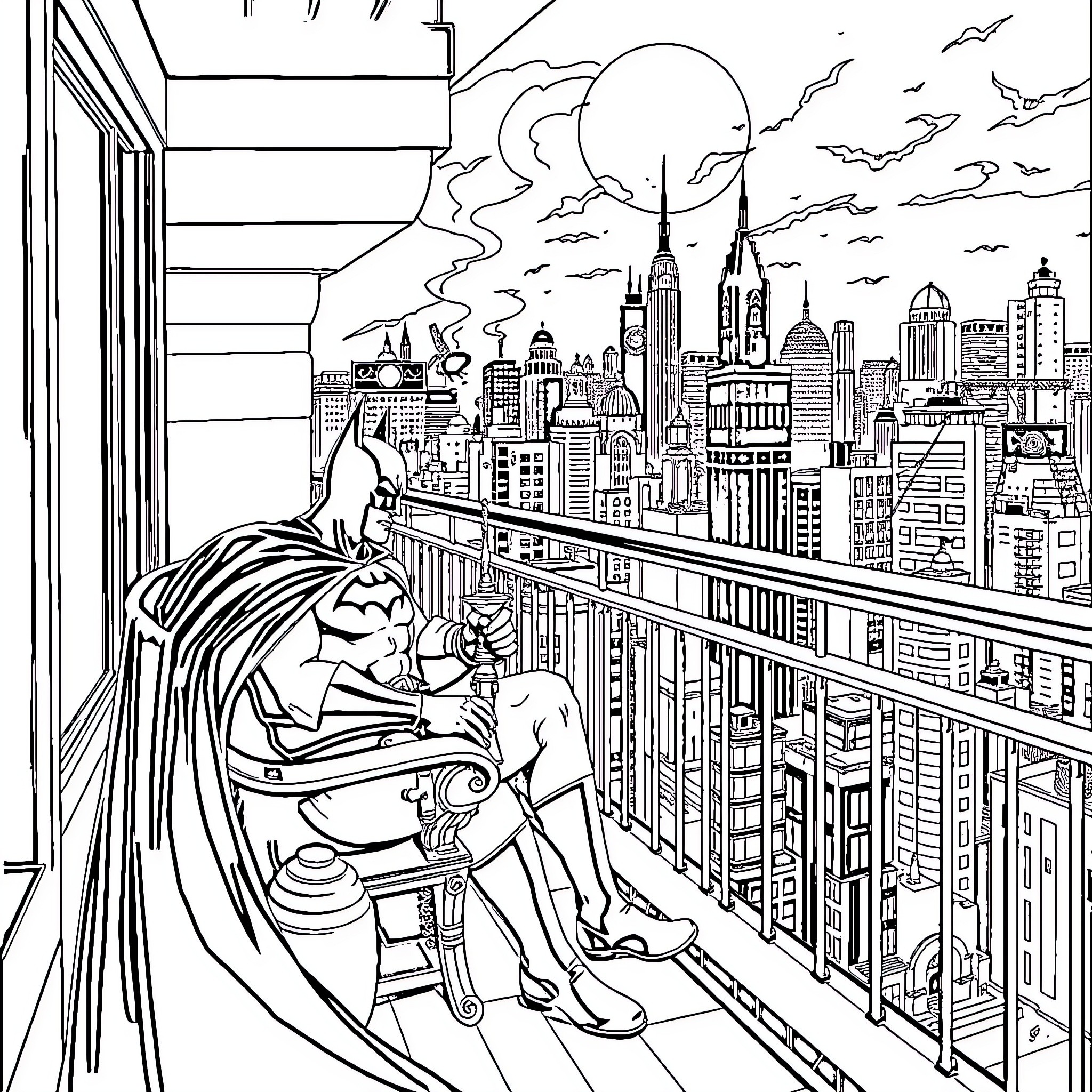Batman overlooking the Gotham City skyline Coloring Page (free black-and-white line drawing printable PDF for all, from beginners to advanced learners, including children, teens, adults, and seniors)