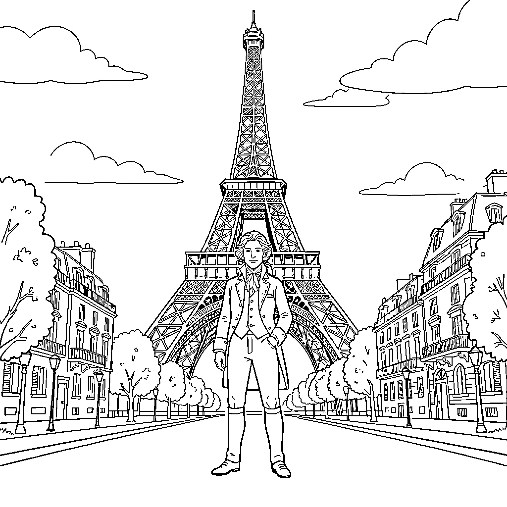 Hamilton standing confidently in front of the Eiffel Tower Coloring Page (free black-and-white line drawing printable PDF for all, from beginners to advanced learners, including children, teens, adults, and seniors)