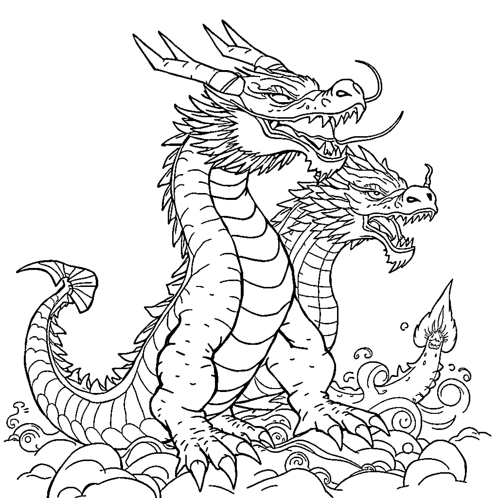 Dragon battling with fierce intensity in stormy skies Coloring Page (free black-and-white line drawing printable PDF for all, from beginners to advanced learners, including children, teens, adults, and seniors)