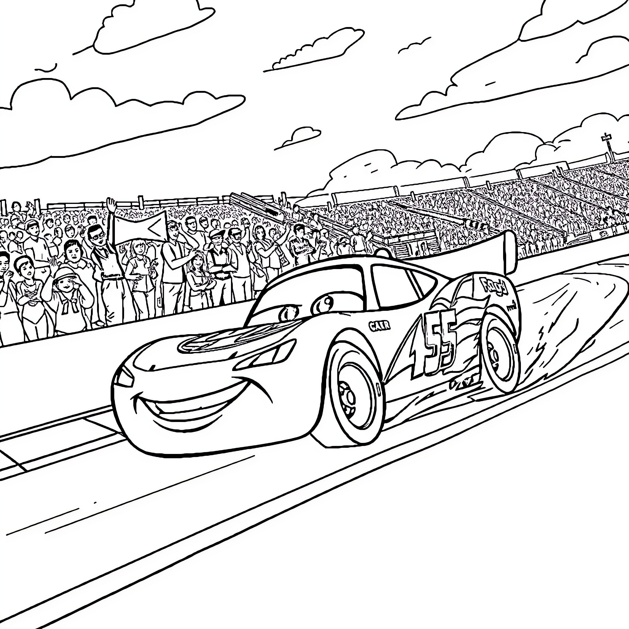 Flash McQueen racing in a competitive event Coloring Page (free black-and-white line drawing printable PDF for all, from beginners to advanced learners, including children, teens, adults, and seniors)