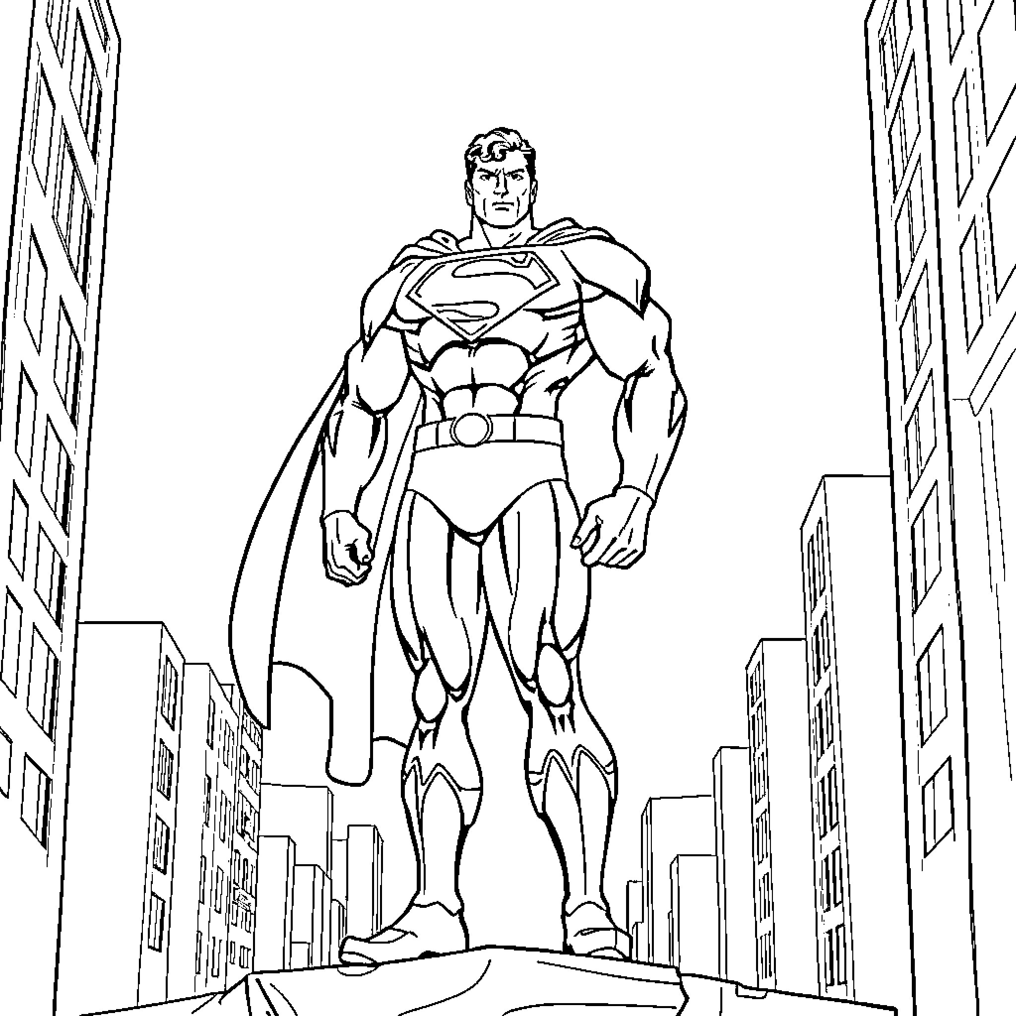 Superman standing heroically atop a city building Coloring Page (free black-and-white line drawing printable PDF for all, from beginners to advanced learners, including children, teens, adults, and seniors)