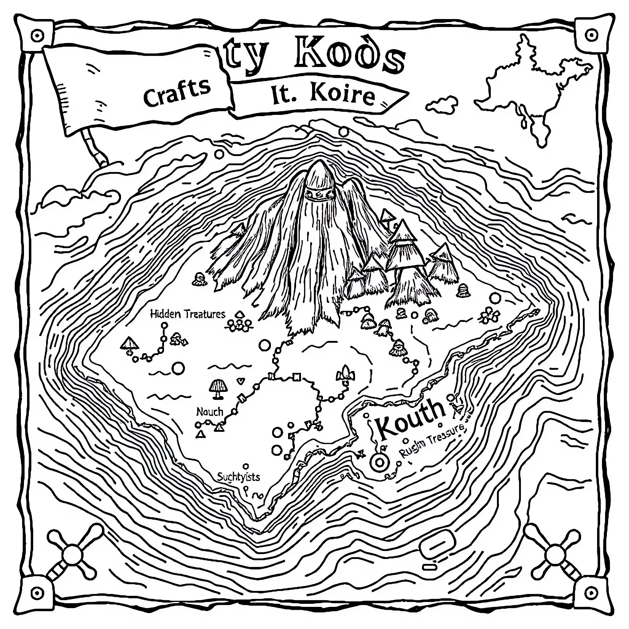Treasure Map of a Fantastical Island Landscape Coloring Page (free black-and-white line drawing printable PDF for all, from beginners to advanced learners, including children, teens, adults, and seniors)