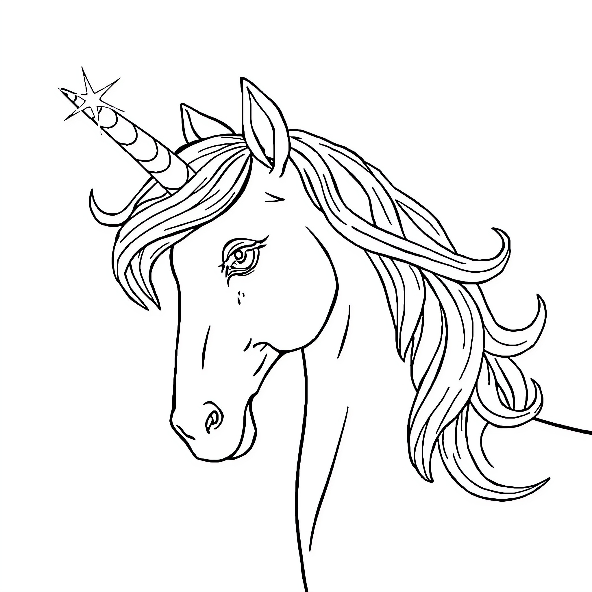 Unicorn with flowing mane and horn Coloring Page (free black-and-white line drawing printable PDF for all, from beginners to advanced learners, including children, teens, adults, and seniors)