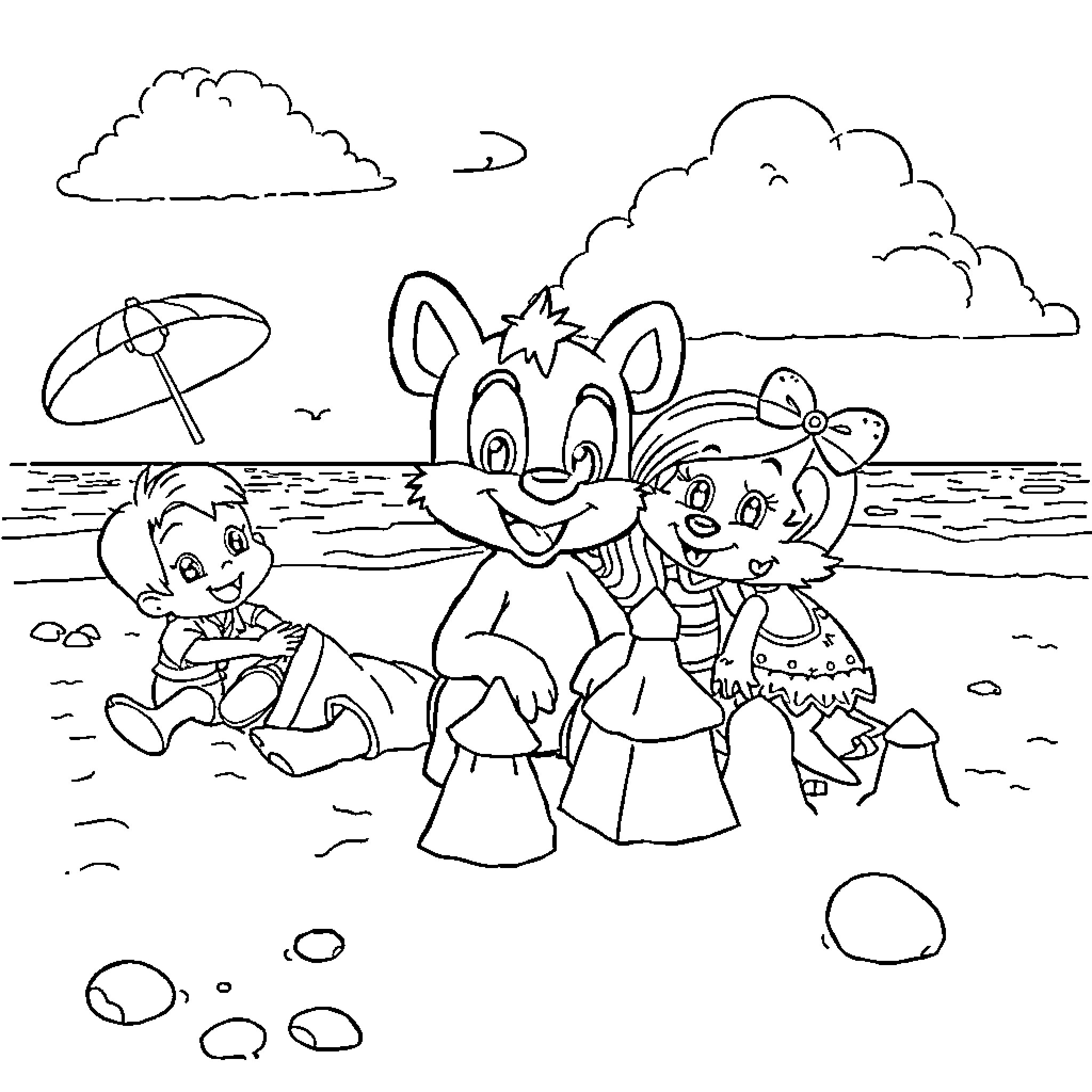Bluey and friends play at the beach Coloring Page (free black-and-white line drawing printable PDF for all, from beginners to advanced learners, including children, teens, adults, and seniors)