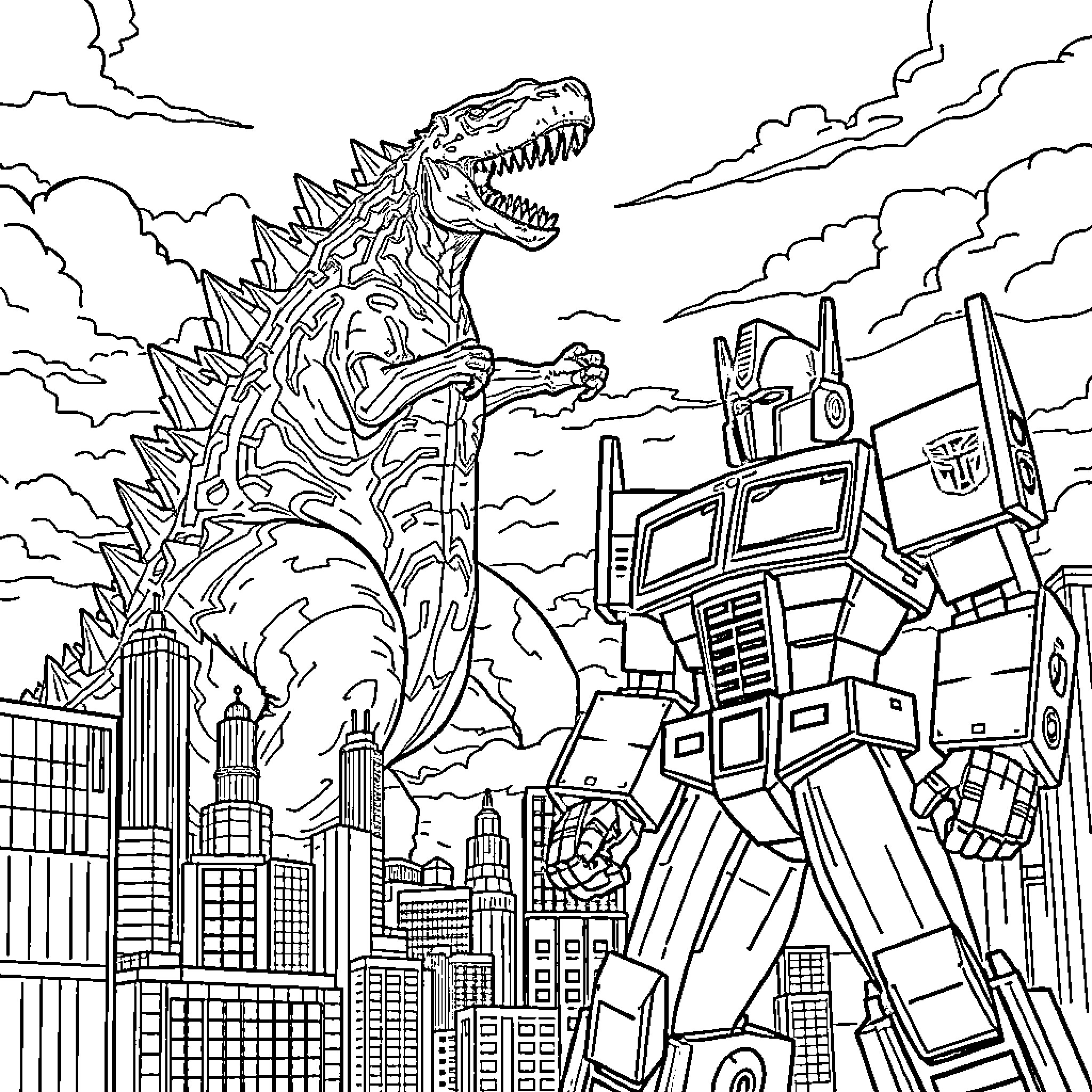 Godzilla rampaging through the city, battling a giant robot Coloring Page (free black-and-white line drawing printable PDF for all, from beginners to advanced learners, including children, teens, adults, and seniors)