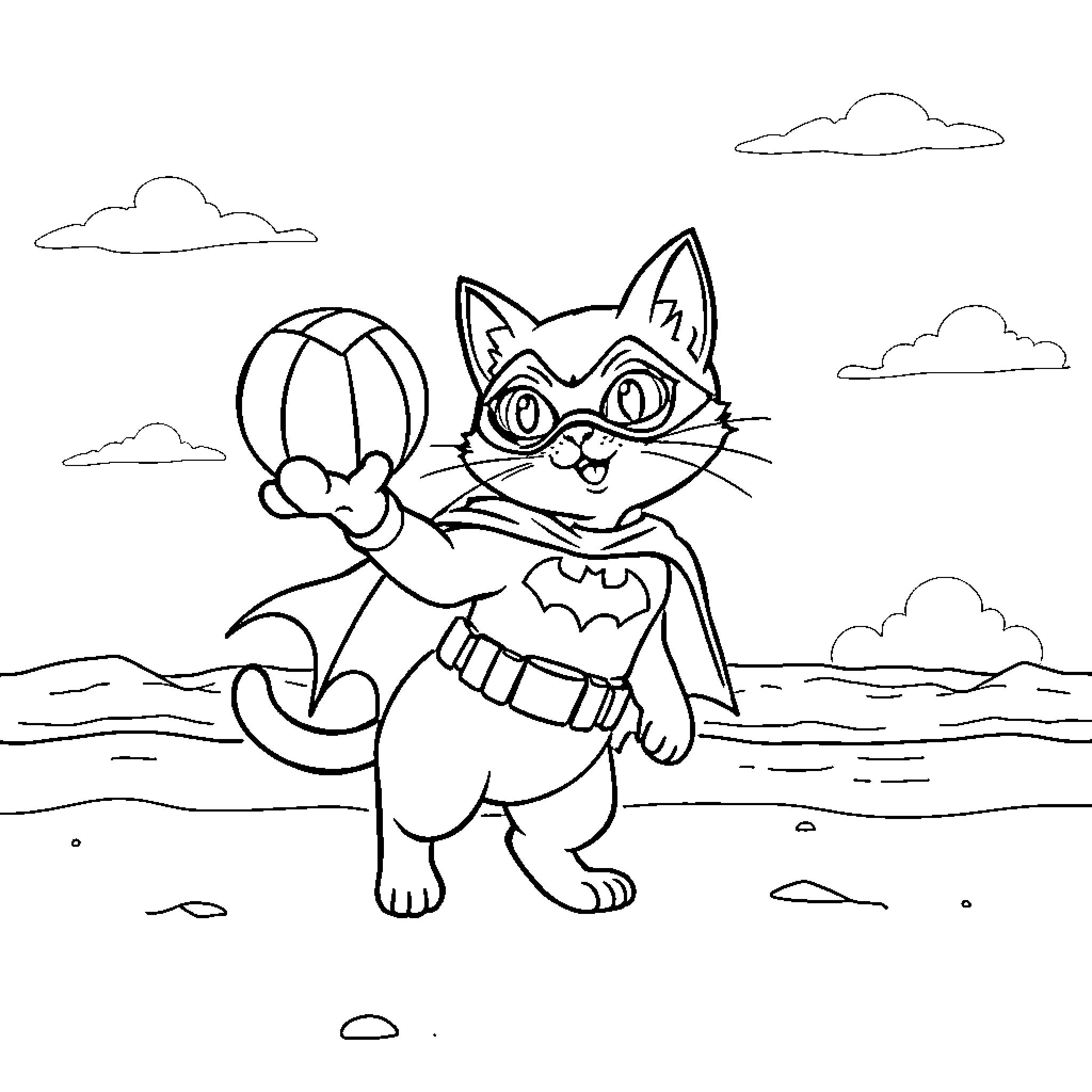 Cat superhero playing with beach ball Coloring Page (free black-and-white line drawing printable PDF for all, from beginners to advanced learners, including children, teens, adults, and seniors)