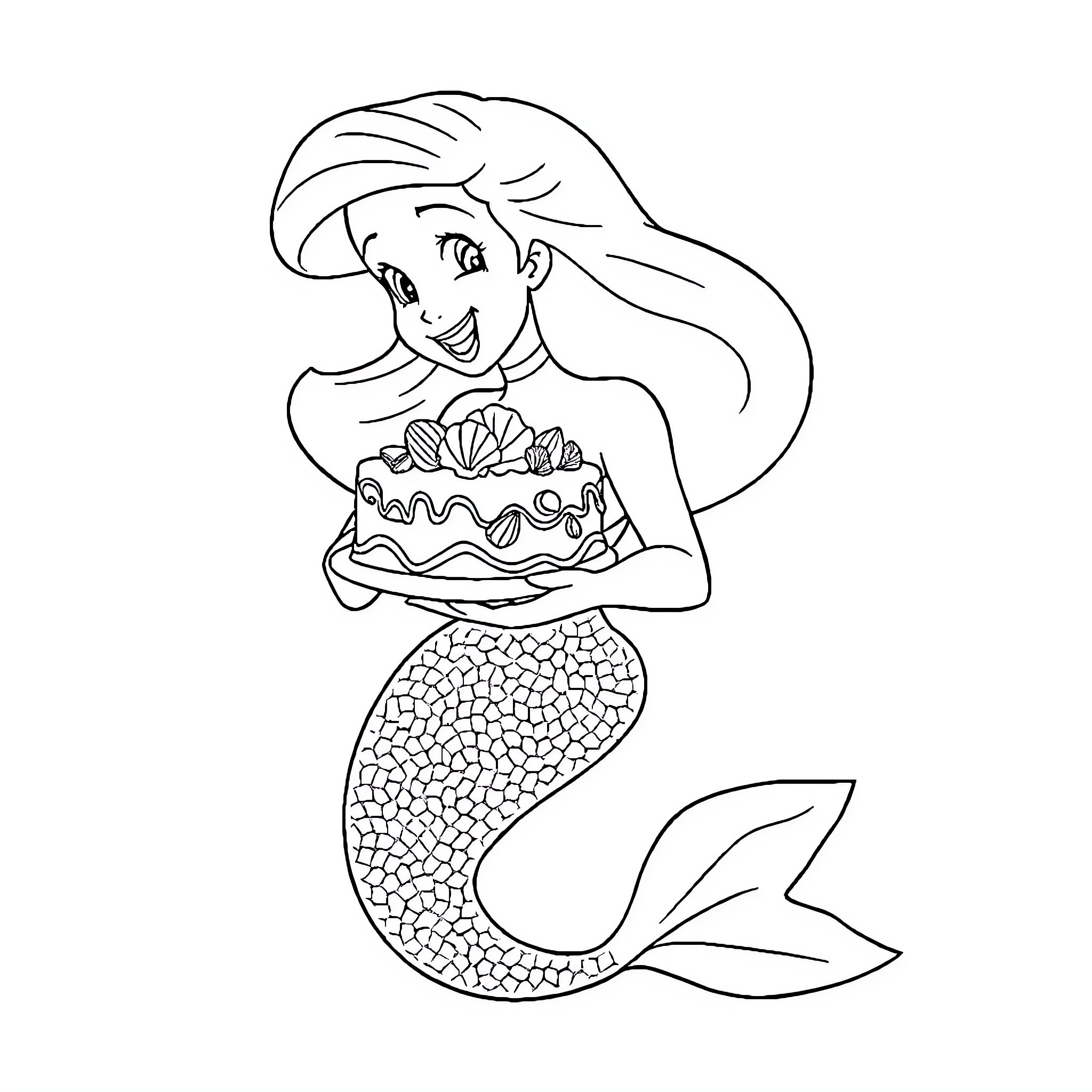 Ariel the Mermaid Serving a Cake Coloring Page (free black-and-white line drawing printable PDF for all, from beginners to advanced learners, including children, teens, adults, and seniors)