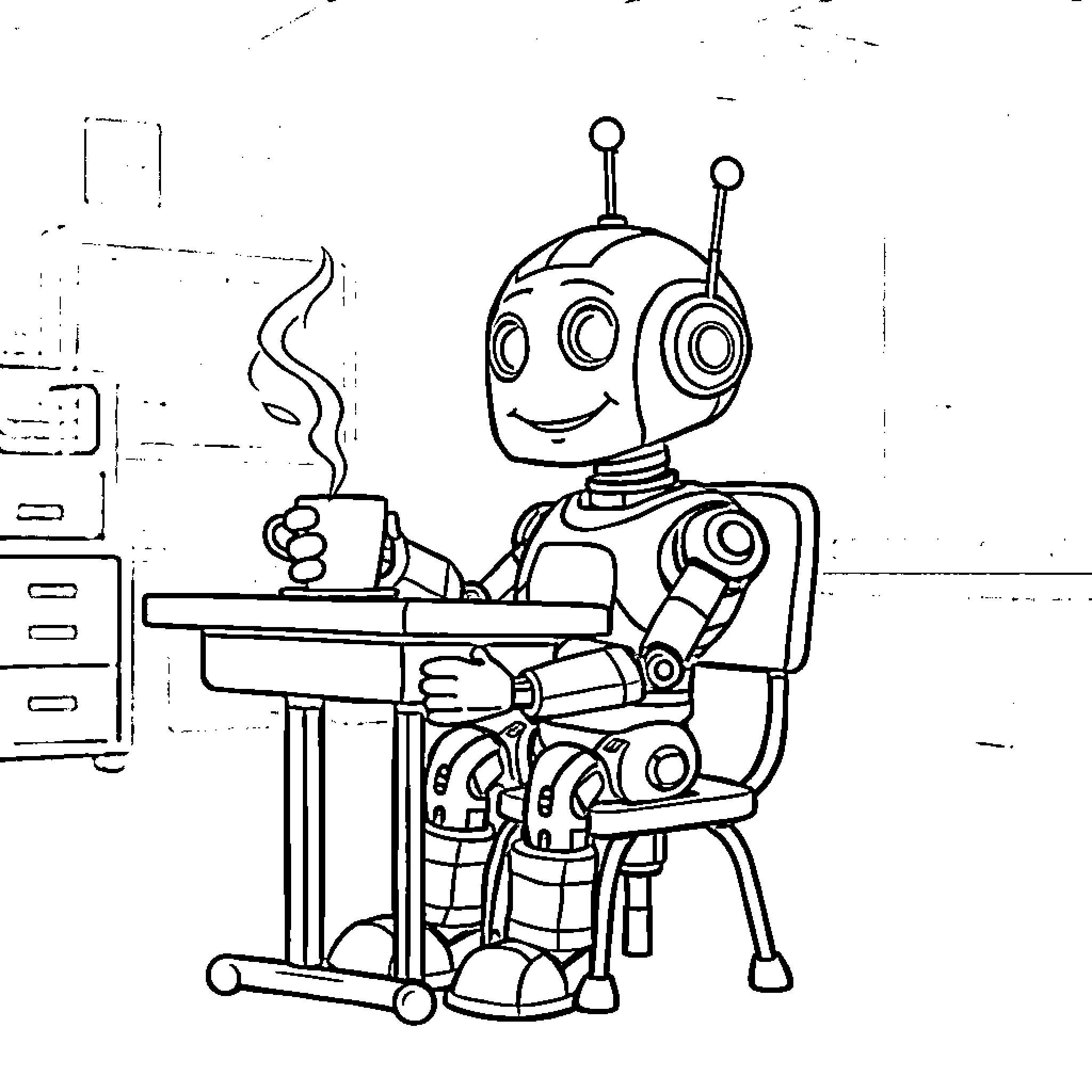 Robot enjoying a hot drink at a desk Coloring Page (free black-and-white line drawing printable PDF for all, from beginners to advanced learners, including children, teens, adults, and seniors)