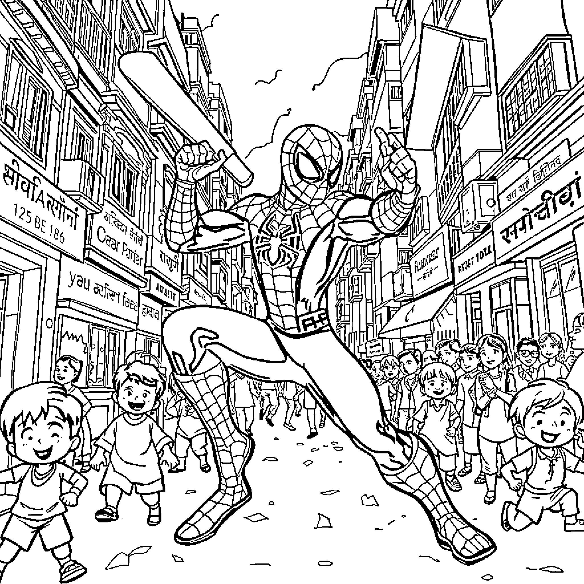 Spider-Man swinging through a bustling city street Coloring Page (free black-and-white line drawing printable PDF for all, from beginners to advanced learners, including children, teens, adults, and seniors)