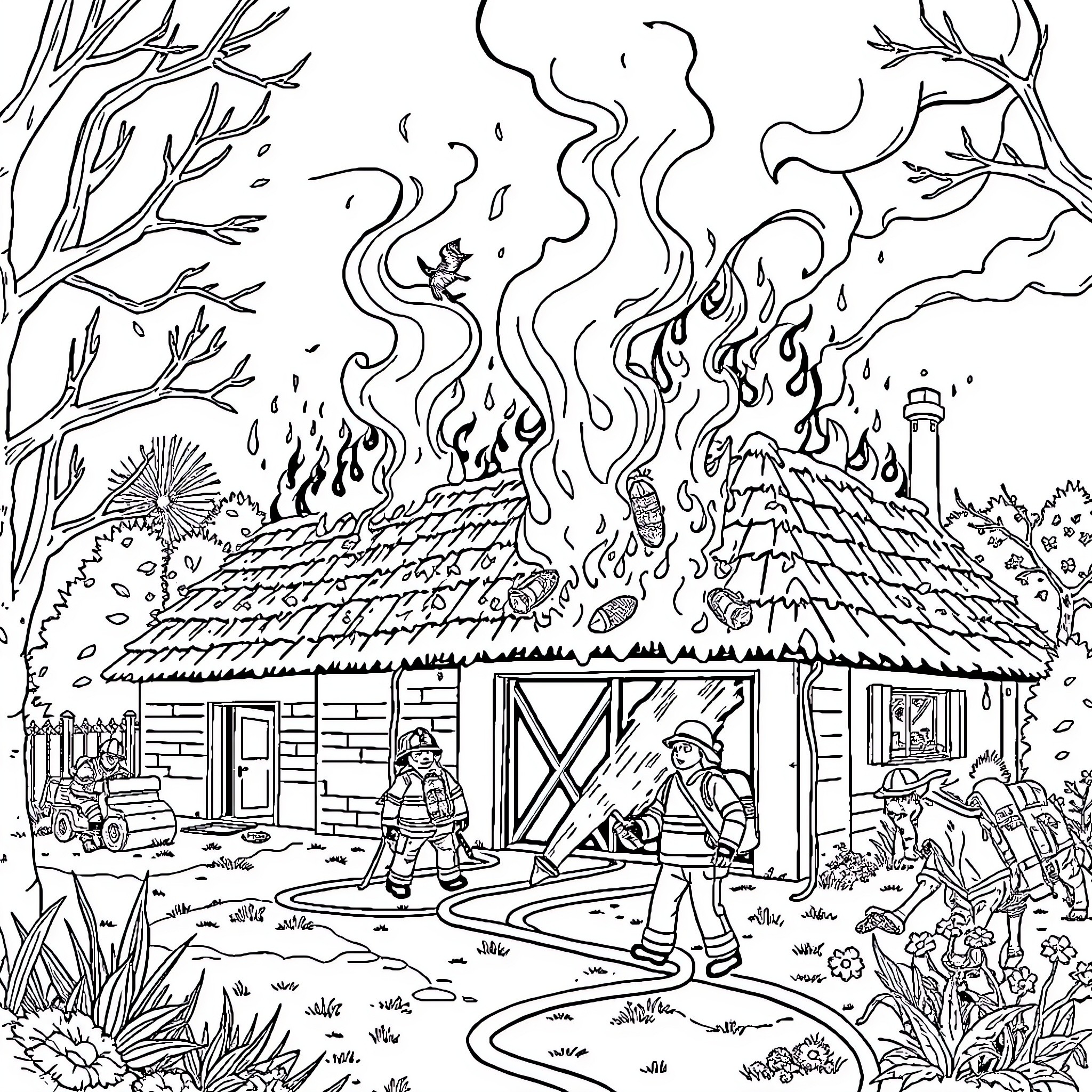 Firefighters battling a blaze in a rural community Coloring Page (free black-and-white line drawing printable PDF for all, from beginners to advanced learners, including children, teens, adults, and seniors)