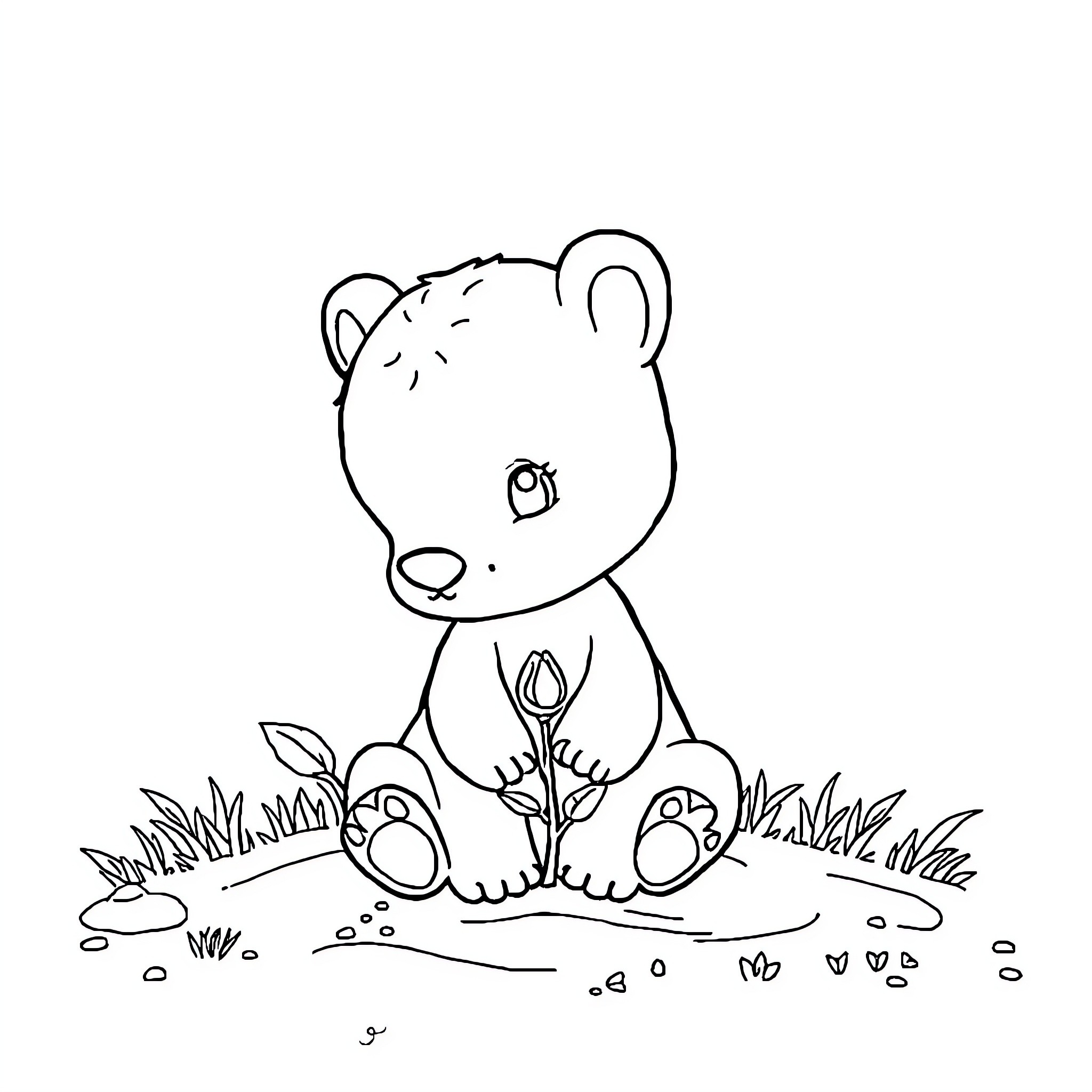Doudou bear sitting in the grass Coloring Page (free black-and-white line drawing printable PDF for all, from beginners to advanced learners, including children, teens, adults, and seniors)