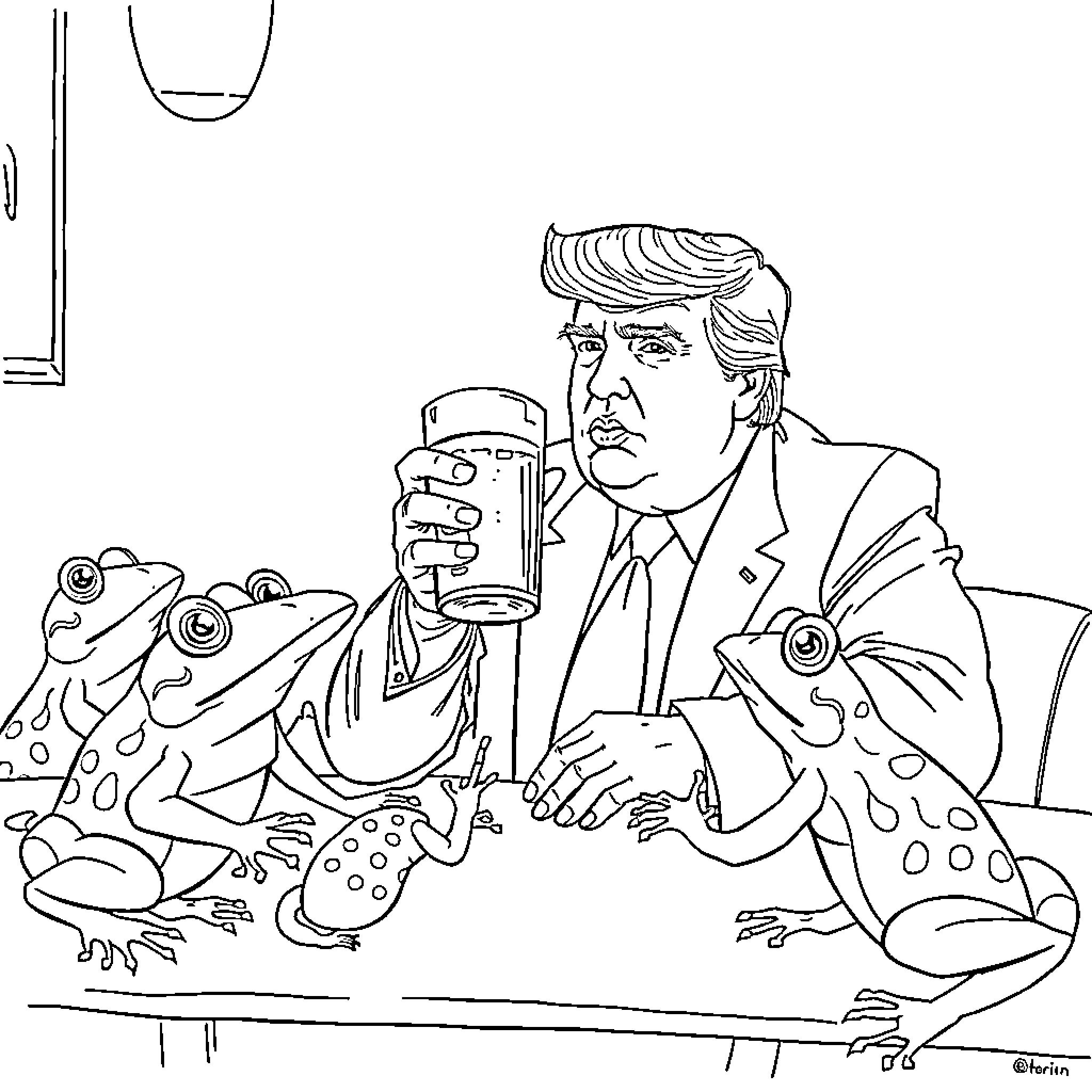 Donald Trump Drinking Beer with Frogs Coloring Page (free black-and-white line drawing printable PDF for all, from beginners to advanced learners, including children, teens, adults, and seniors)