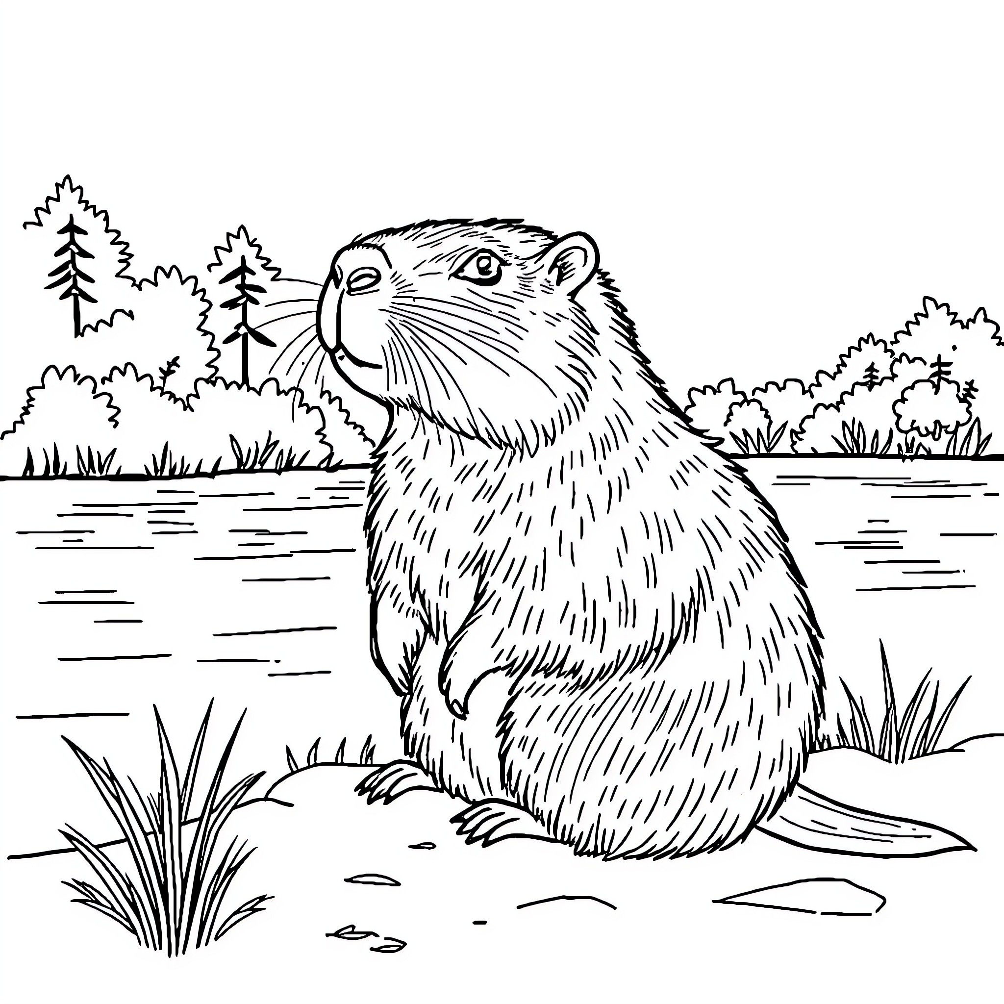 Capybara relaxing in a natural habitat Coloring Page (free black-and-white line drawing printable PDF for all, from beginners to advanced learners, including children, teens, adults, and seniors)
