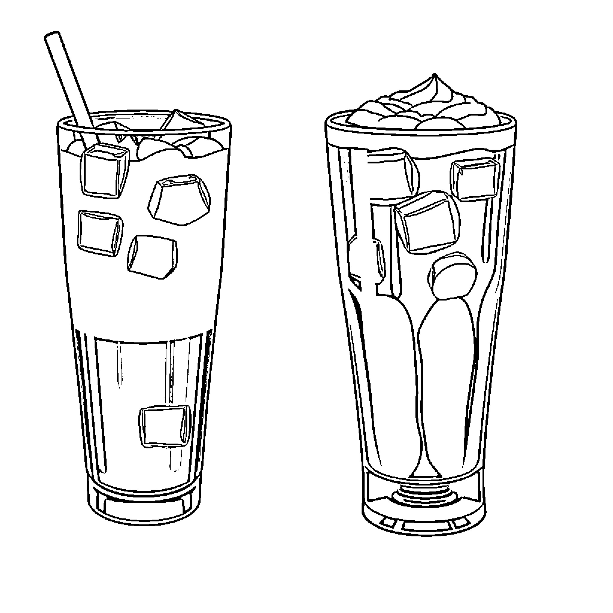 Iced Coffee served in tall glasses with ice Coloring Page (free black-and-white line drawing printable PDF for all, from beginners to advanced learners, including children, teens, adults, and seniors)
