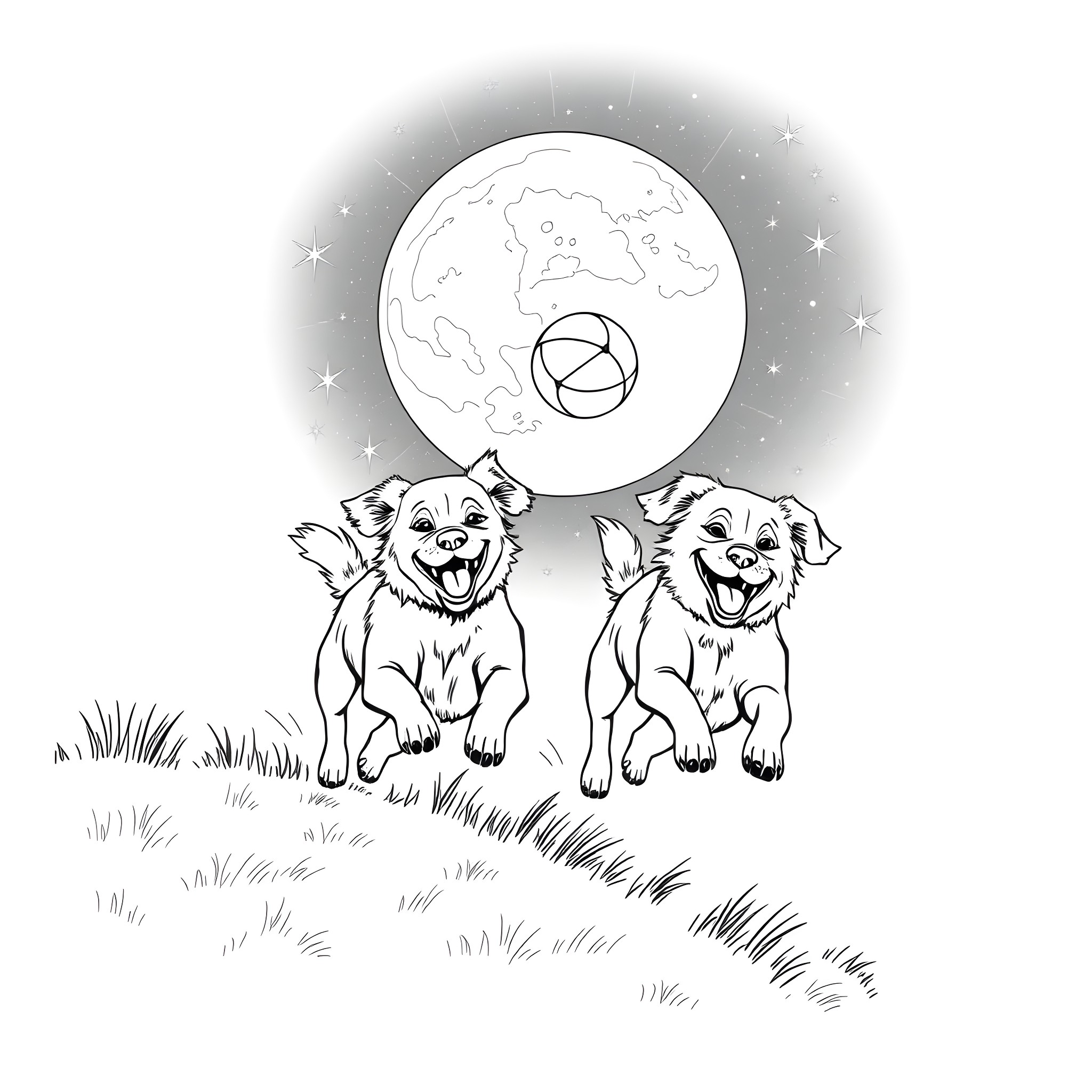Dogs playing happily under the moonlight Coloring Page (free black-and-white line drawing printable PDF for all, from beginners to advanced learners, including children, teens, adults, and seniors)