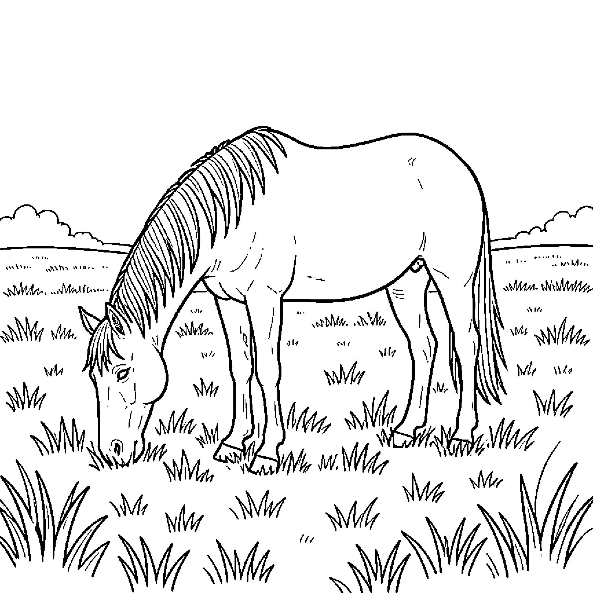 Horse grazing peacefully in a grassy meadow Coloring Page (free black-and-white line drawing printable PDF for all, from beginners to advanced learners, including children, teens, adults, and seniors)