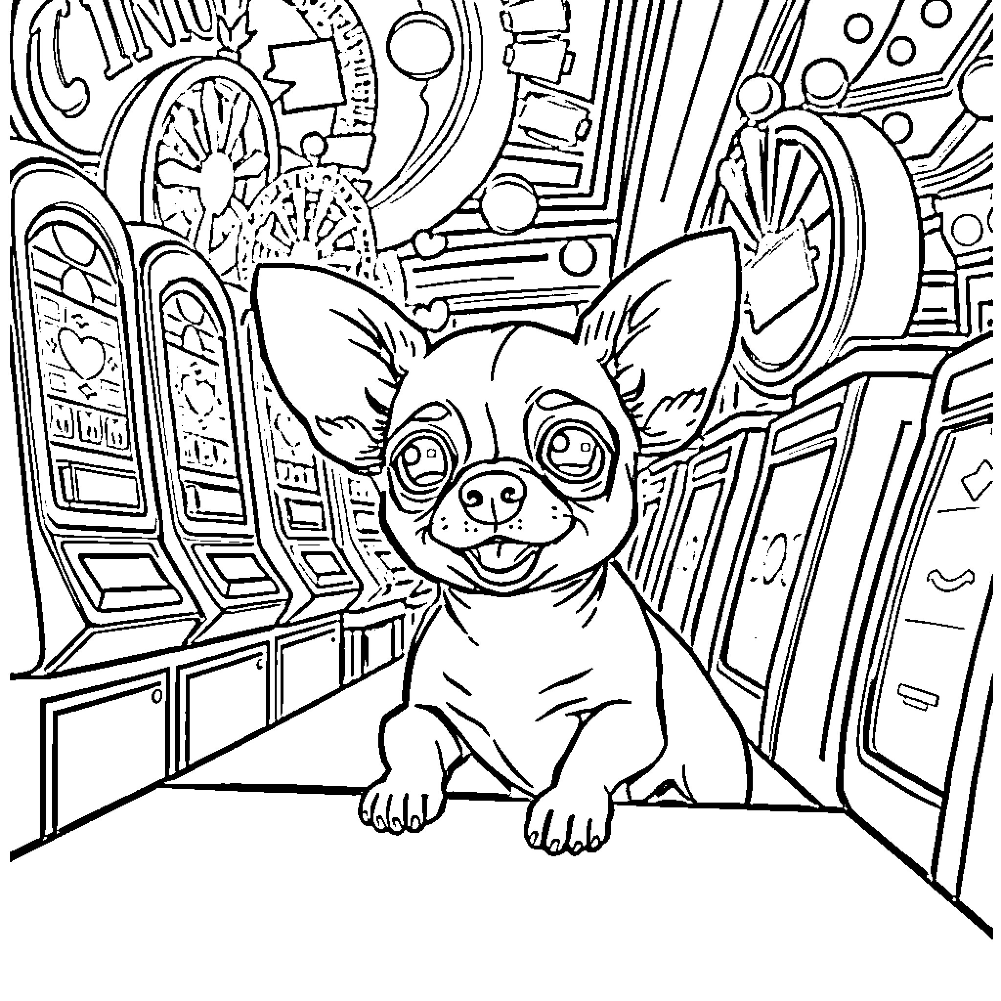 Chihuahua relaxing in a casino lobby Coloring Page (free black-and-white line drawing printable PDF for all, from beginners to advanced learners, including children, teens, adults, and seniors)