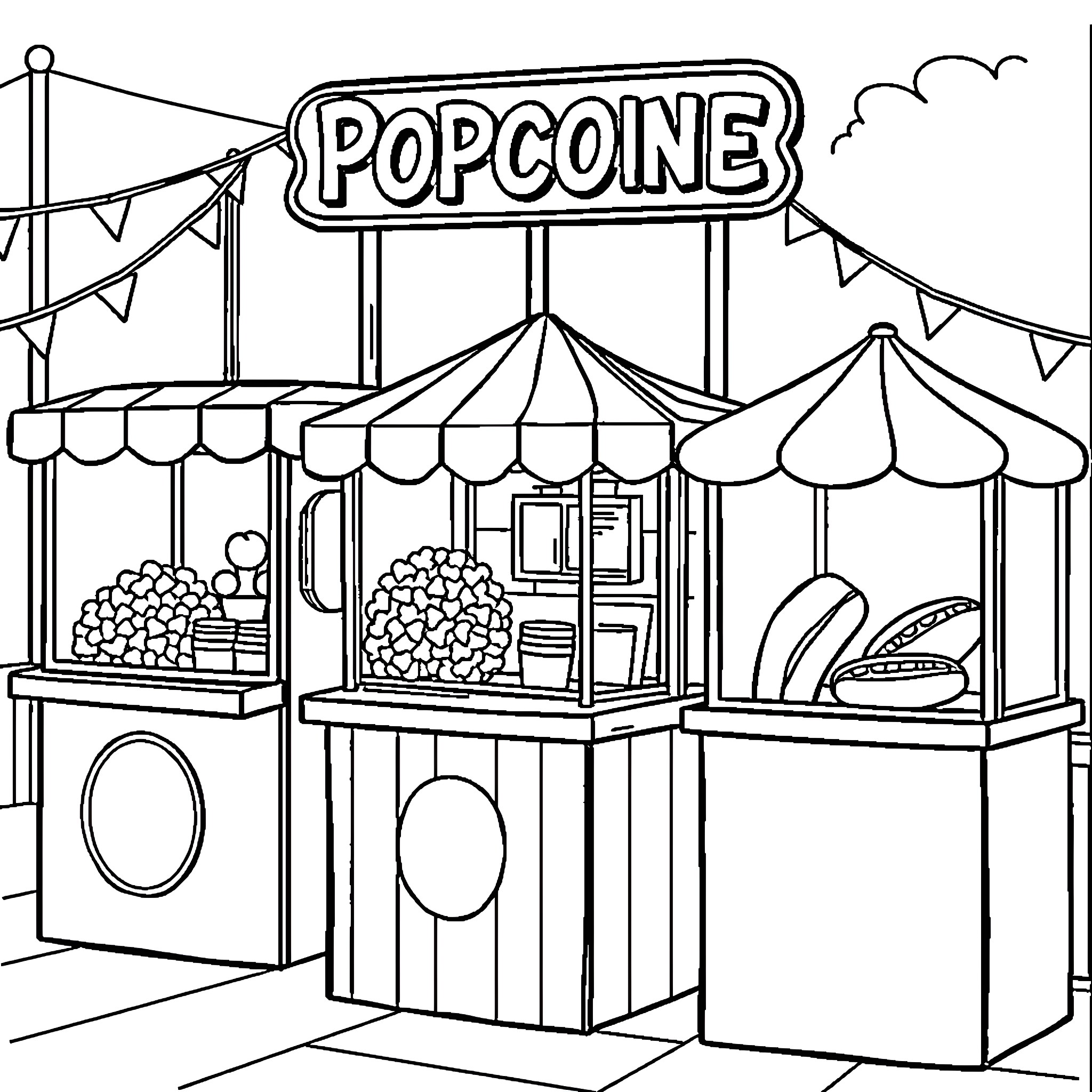 Concession Stand at Festive Carnival Celebration Coloring Page (free black-and-white line drawing printable PDF for all, from beginners to advanced learners, including children, teens, adults, and seniors)