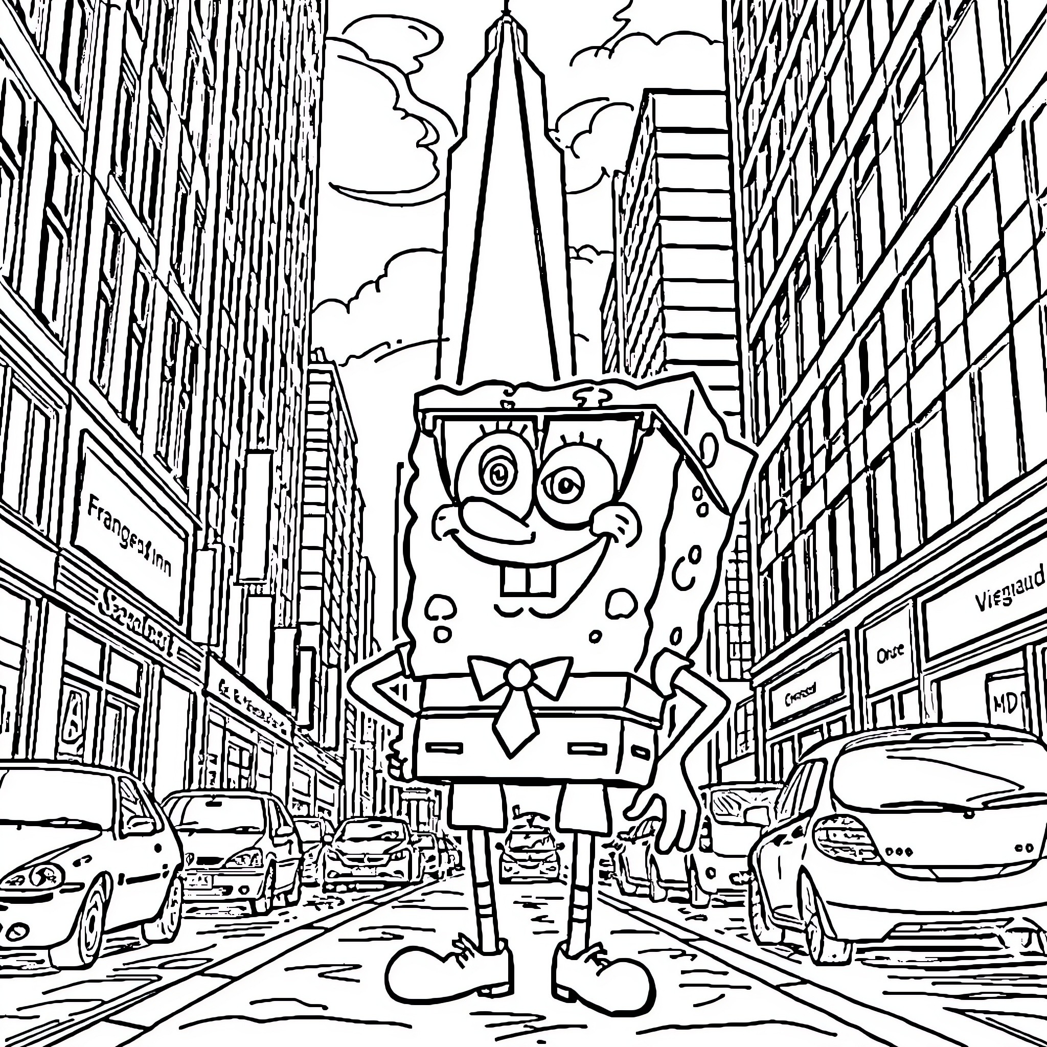 Spongebob's Antics in the Big City Coloring Page (free black-and-white line drawing printable PDF for all, from beginners to advanced learners, including children, teens, adults, and seniors)