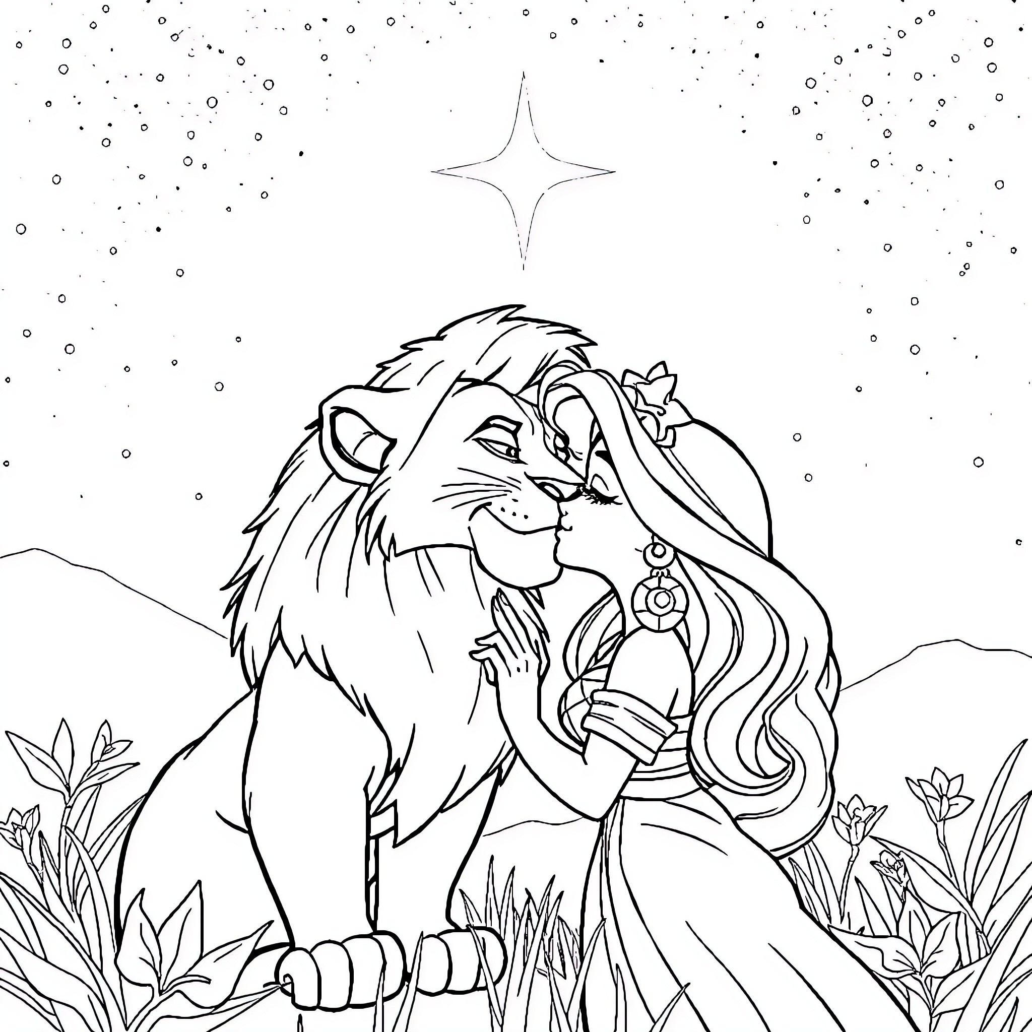 Simba and Nala in the Serengeti Coloring Page (free black-and-white line drawing printable PDF for all, from beginners to advanced learners, including children, teens, adults, and seniors)