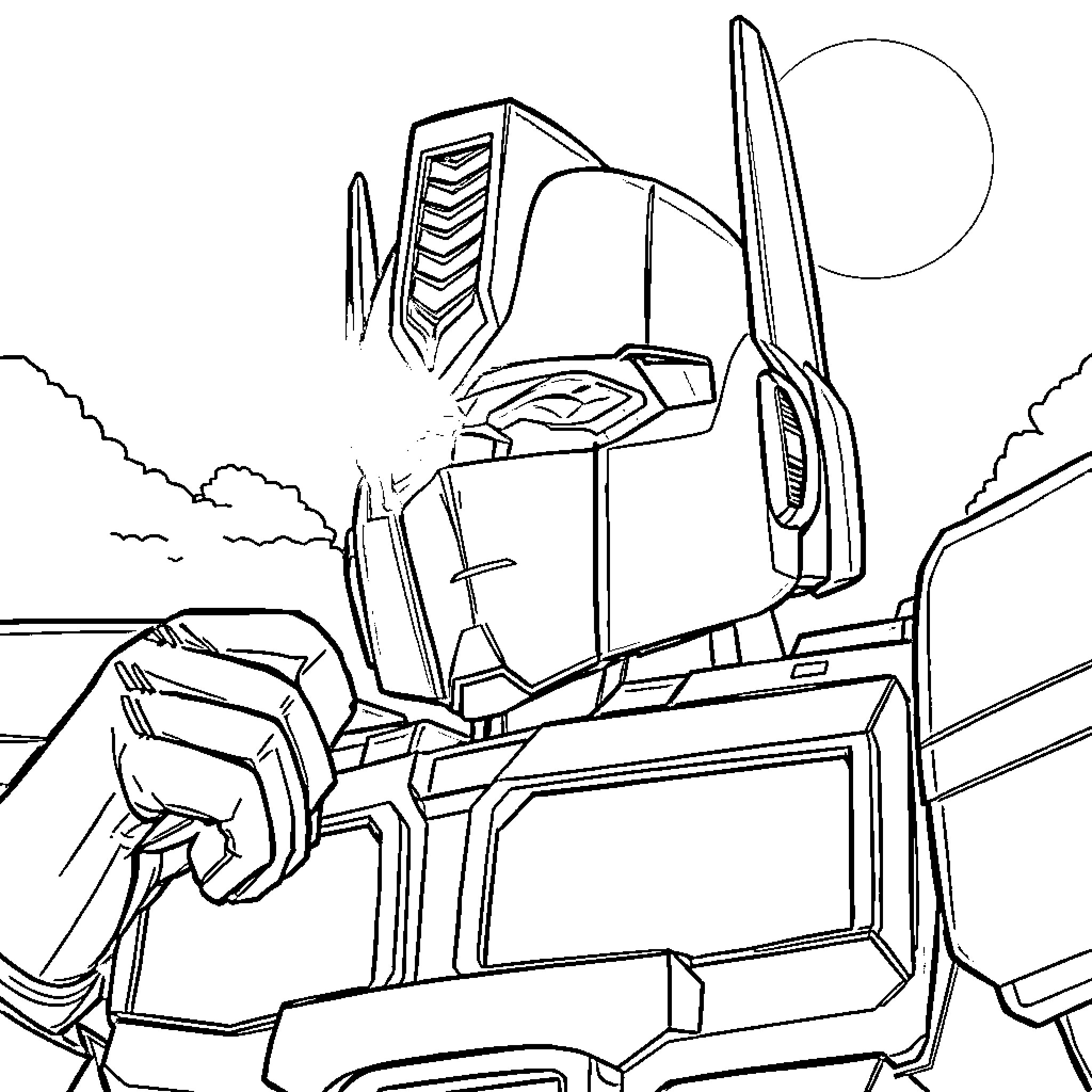 Optimus Prime in heroic robot pose Coloring Page (free black-and-white line drawing printable PDF for all, from beginners to advanced learners, including children, teens, adults, and seniors)