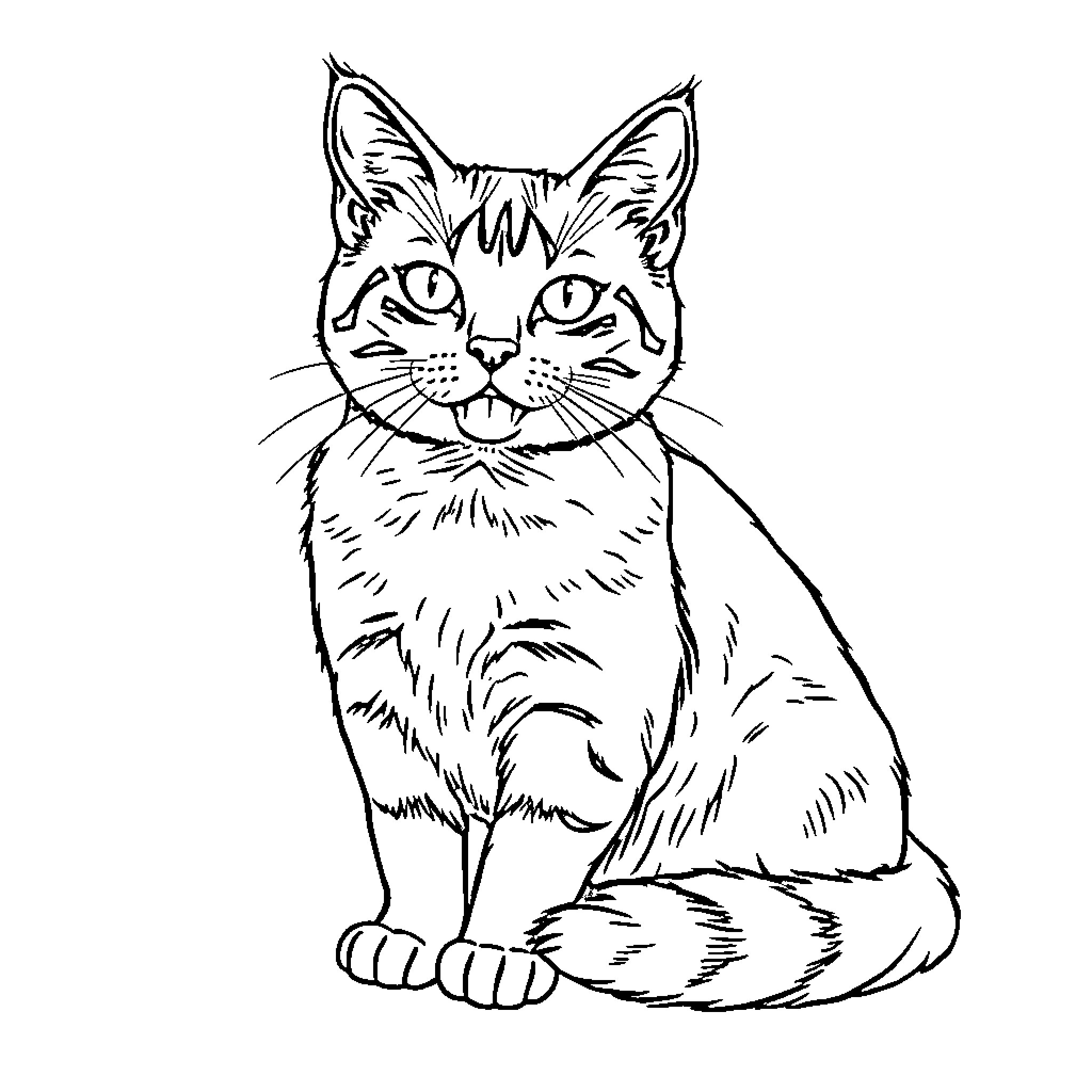 Gato sitting contently with alert expression Coloring Page (free black-and-white line drawing printable PDF for all, from beginners to advanced learners, including children, teens, adults, and seniors)