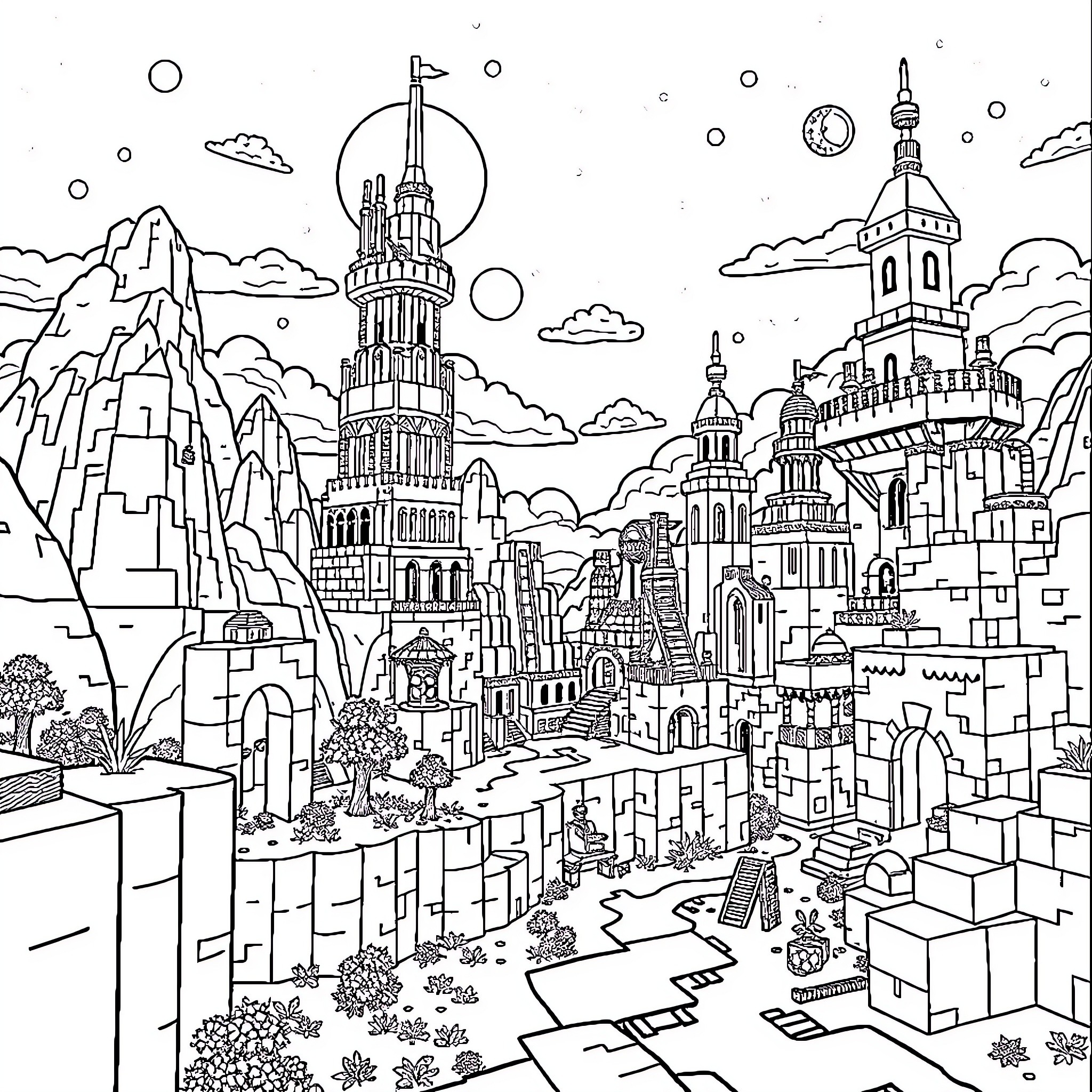 Minecraft fantasy city with towering spires and bustling activity Coloring Page (free black-and-white line drawing printable PDF for all, from beginners to advanced learners, including children, teens, adults, and seniors)
