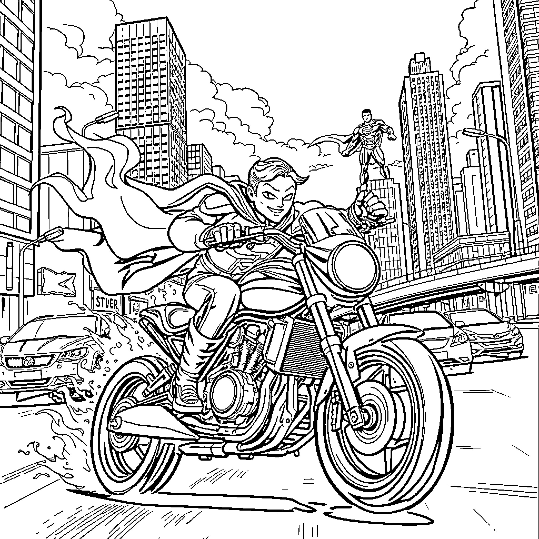 Kid Fury Racing Through Cityscape on Motorcycle Coloring Page (free black-and-white line drawing printable PDF for all, from beginners to advanced learners, including children, teens, adults, and seniors)