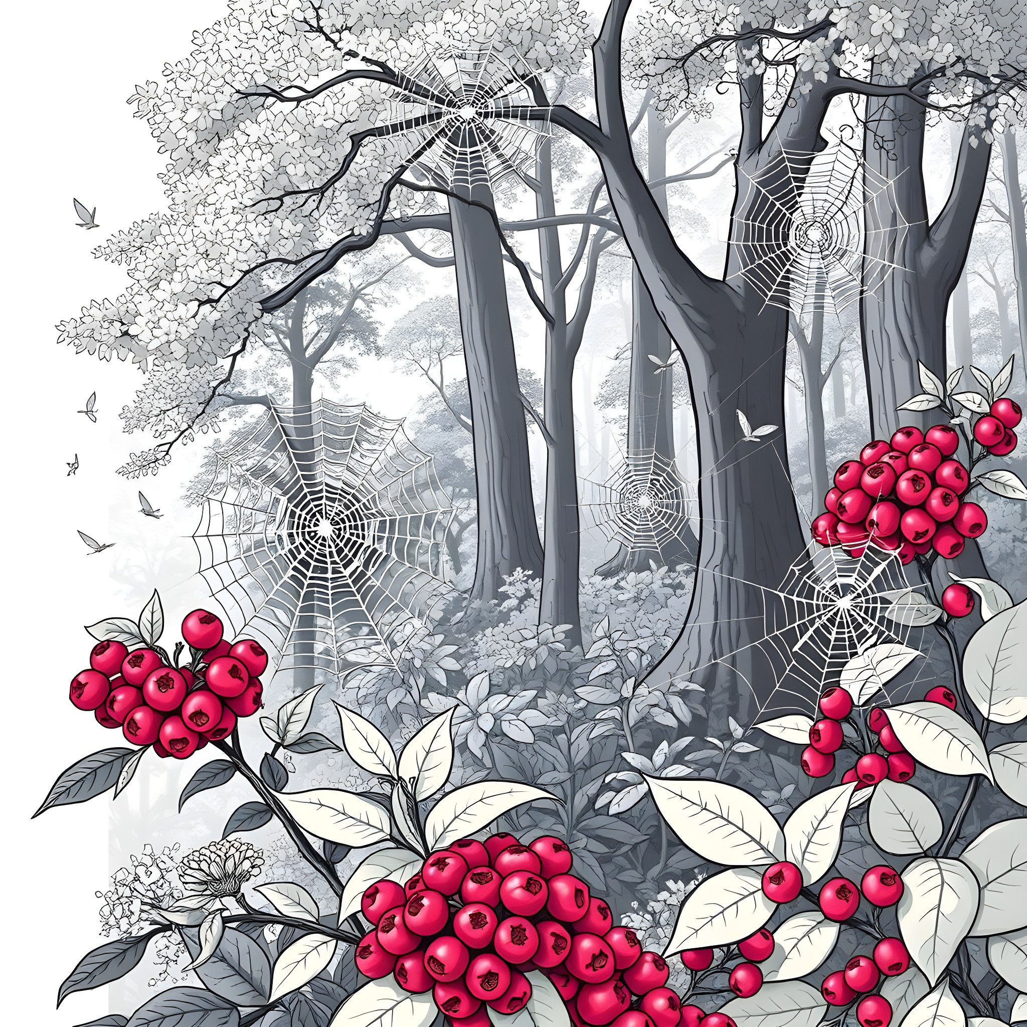 Spider's Enchanting Forest Sanctuary Coloring Page (free black-and-white line drawing printable PDF for all, from beginners to advanced learners, including children, teens, adults, and seniors)