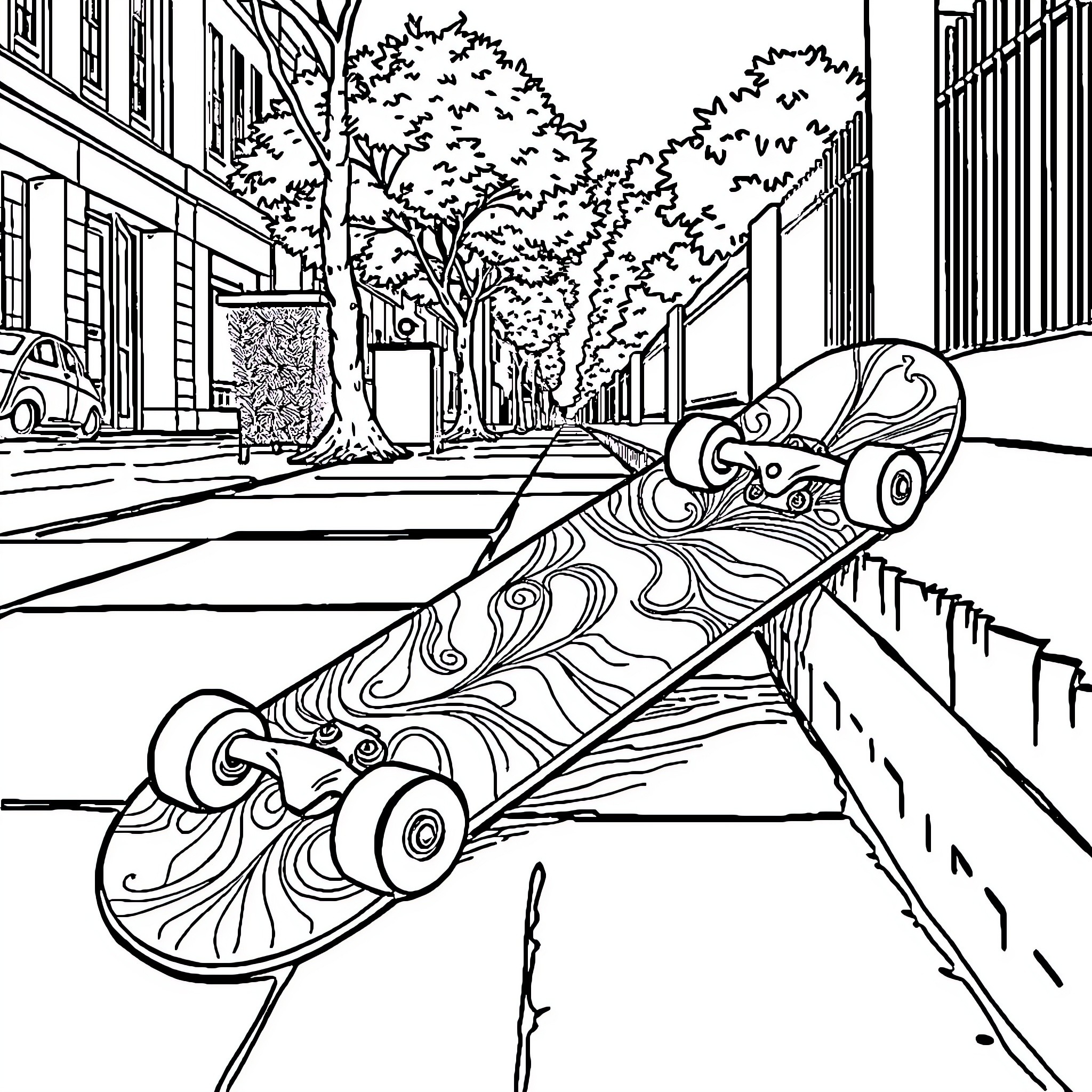 Skateboard on city street with trees and buildings Coloring Page (free black-and-white line drawing printable PDF for all, from beginners to advanced learners, including children, teens, adults, and seniors)
