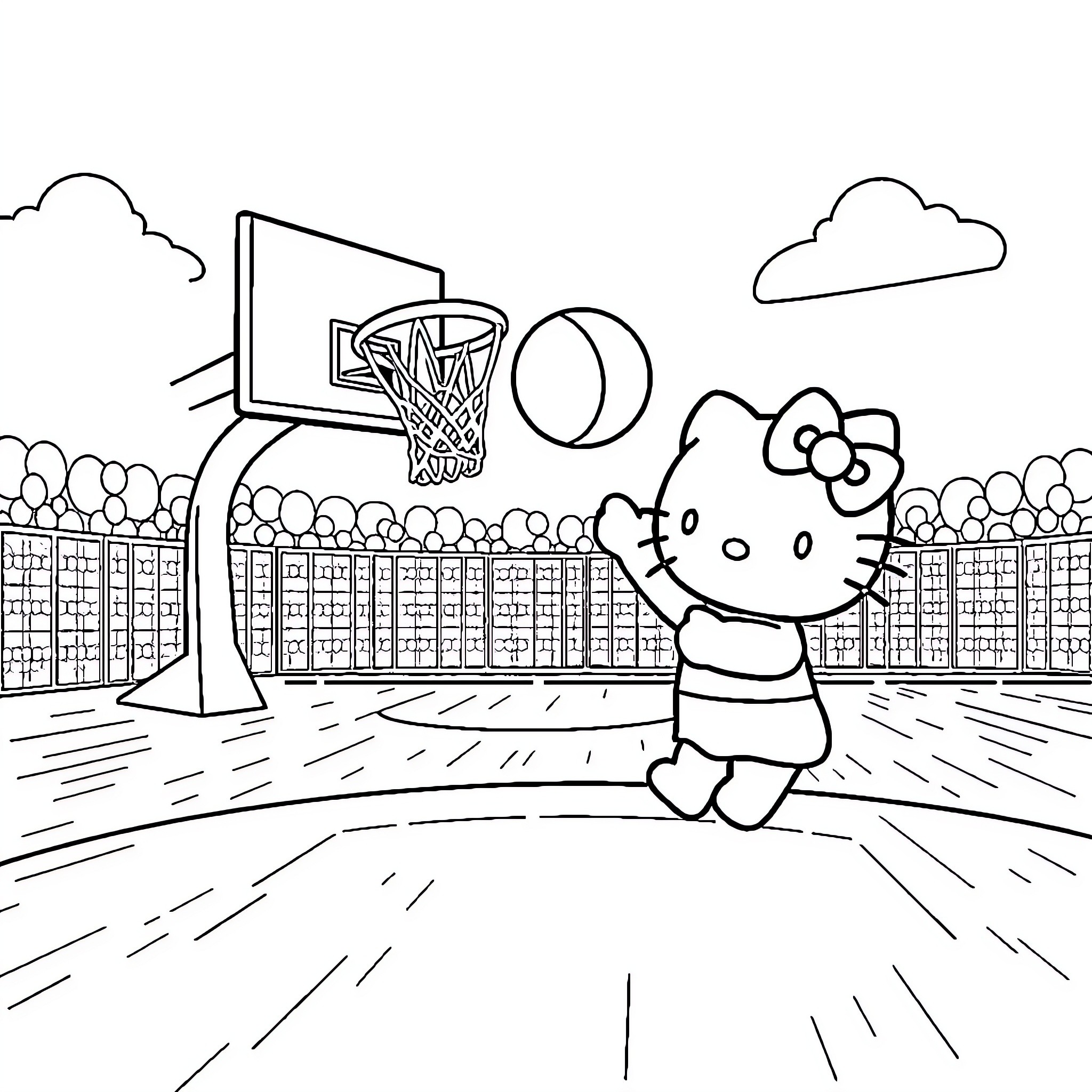 Hello Kitty playing basketball on the court Coloring Page (free black-and-white line drawing printable PDF for all, from beginners to advanced learners, including children, teens, adults, and seniors)