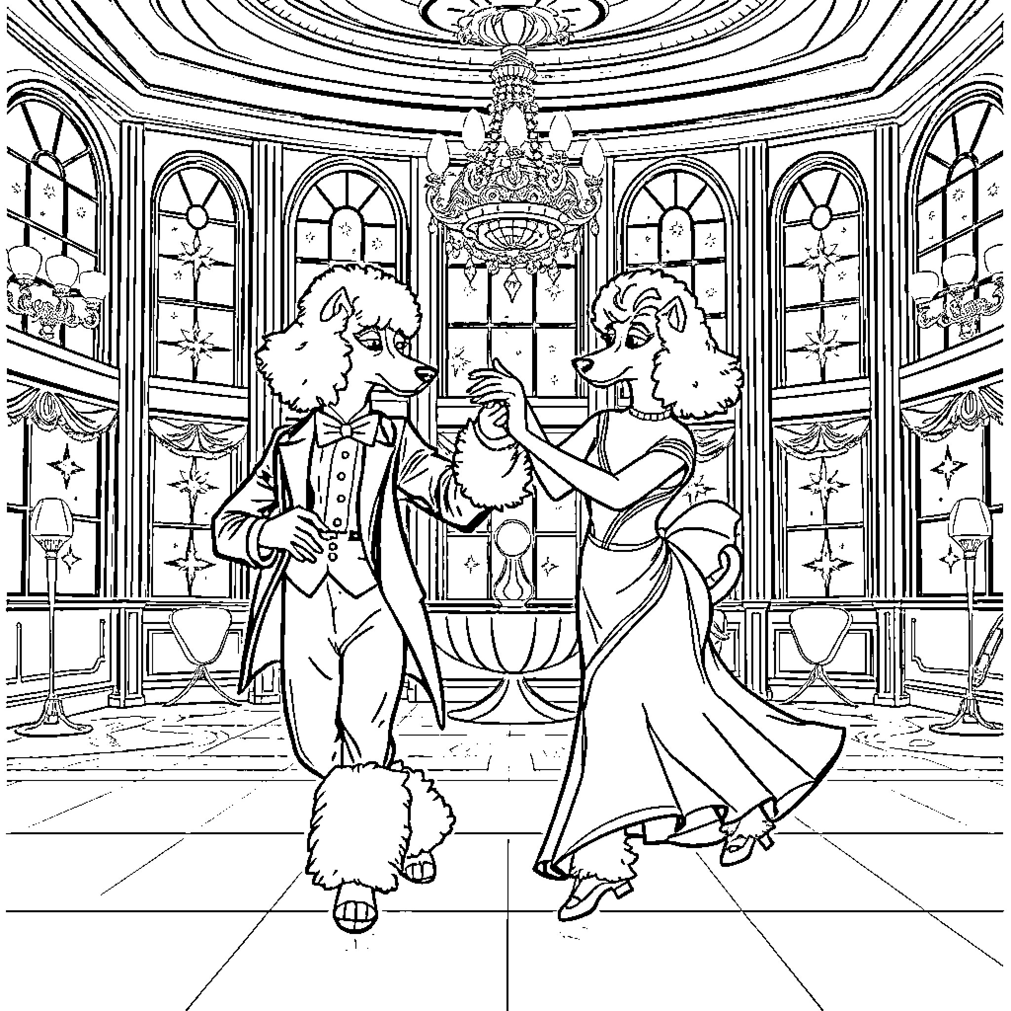 Poodle couple enjoying a formal dance in a grand ballroom Coloring Page (free black-and-white line drawing printable PDF for all, from beginners to advanced learners, including children, teens, adults, and seniors)
