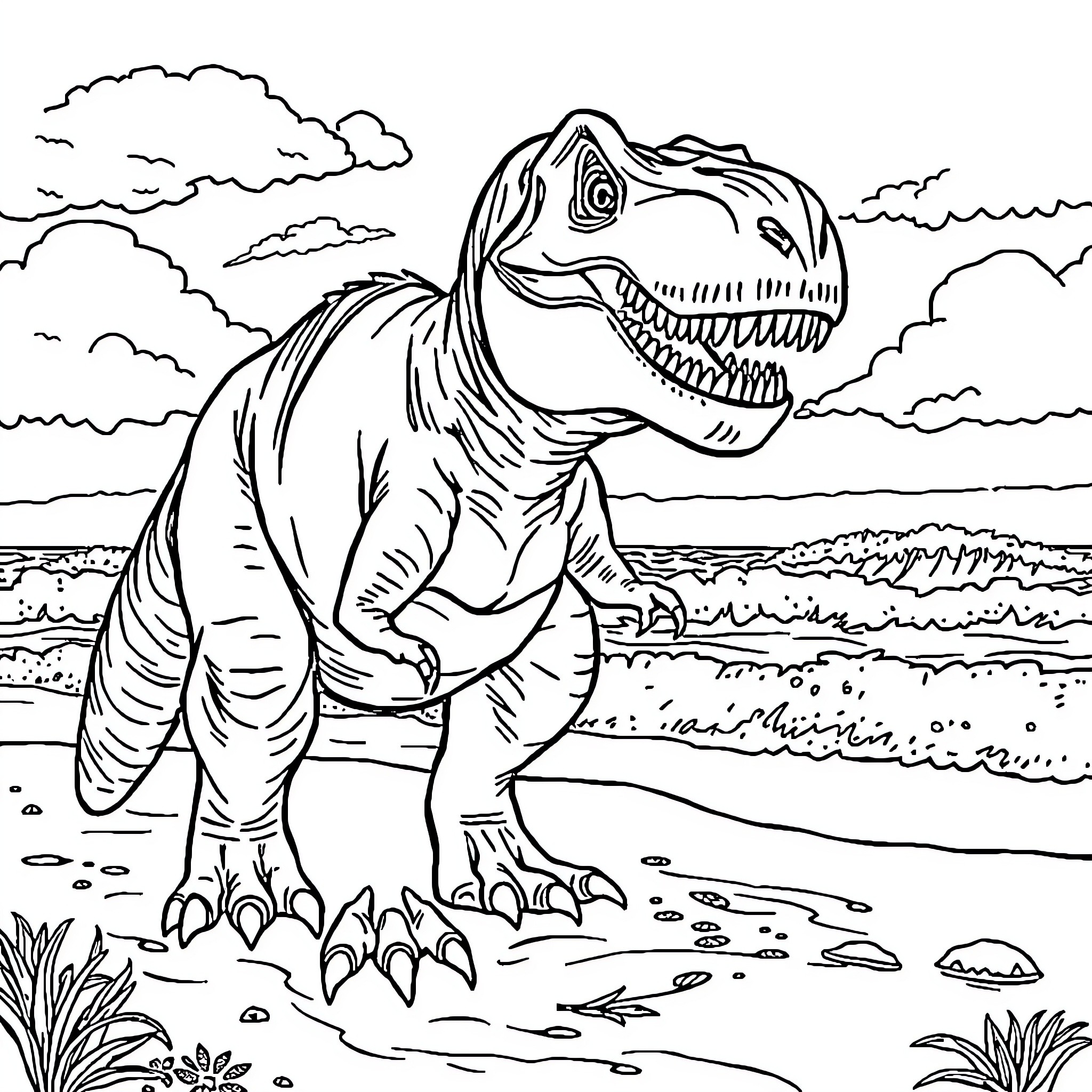T-Rex Roaring in Prehistoric Landscape Coloring Page (free black-and-white line drawing printable PDF for all, from beginners to advanced learners, including children, teens, adults, and seniors)