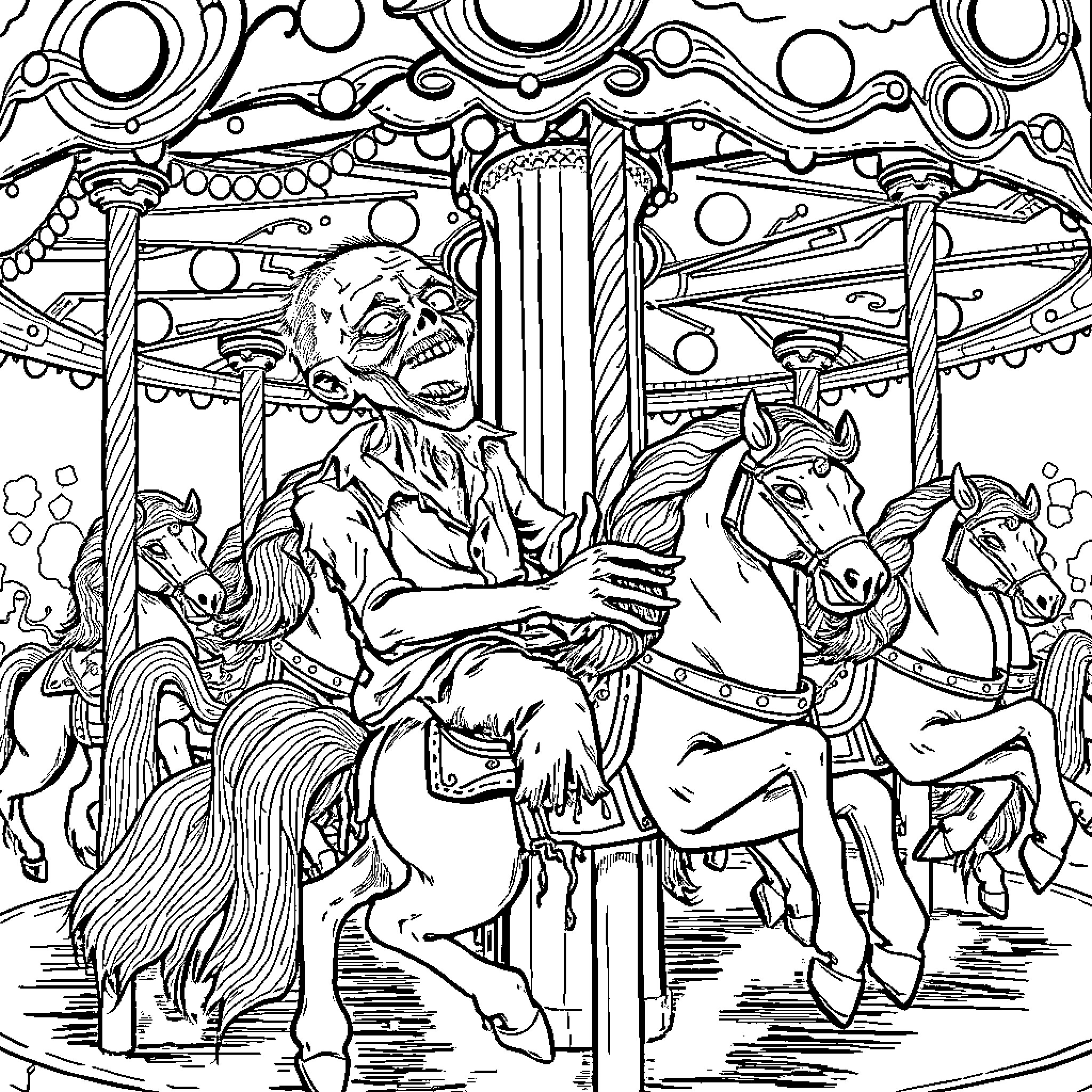 Zombie riding carousel of terror Coloring Page (free black-and-white line drawing printable PDF for all, from beginners to advanced learners, including children, teens, adults, and seniors)