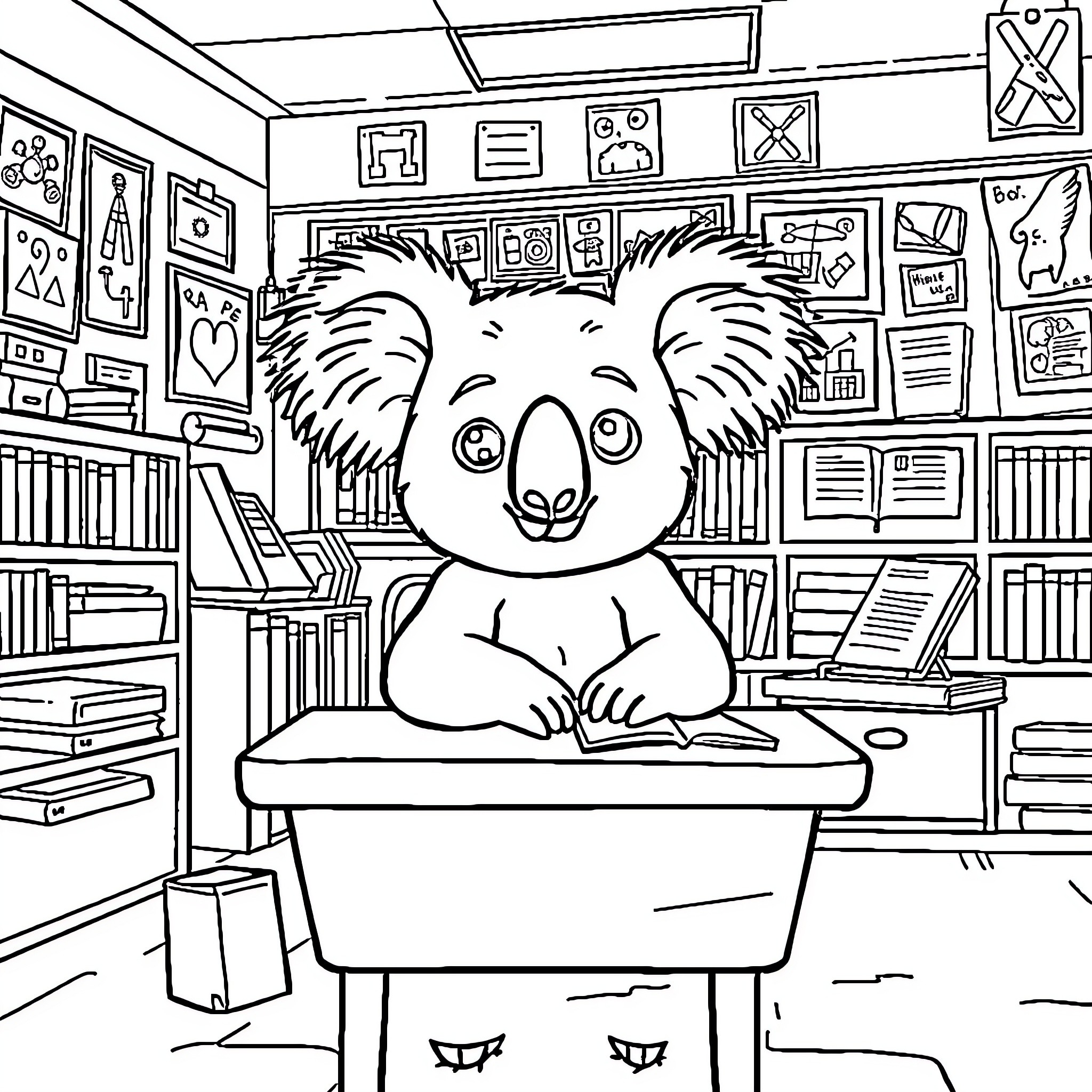 Koala studying diligently in a classroom Coloring Page (free black-and-white line drawing printable PDF for all, from beginners to advanced learners, including children, teens, adults, and seniors)